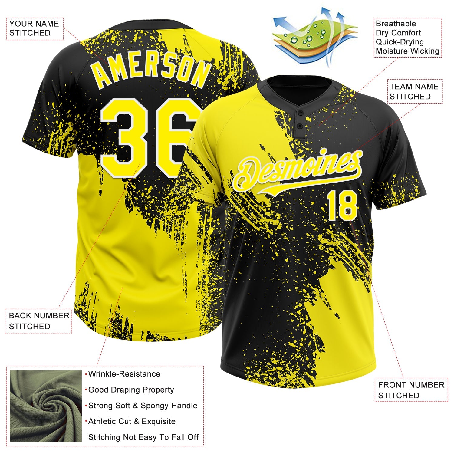 Custom Light Yellow Black-White 3D Pattern Abstract Brush Stroke Two-Button Unisex Softball Jersey