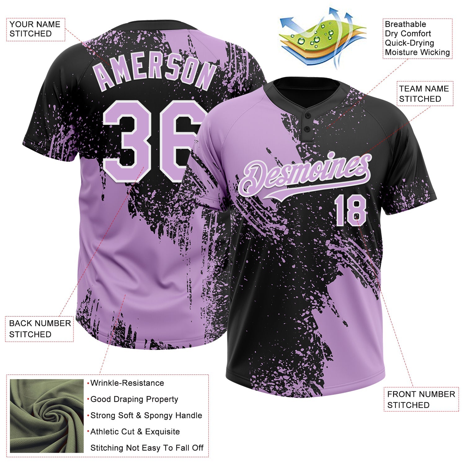 Custom Light Purple Black-White 3D Pattern Abstract Brush Stroke Two-Button Unisex Softball Jersey