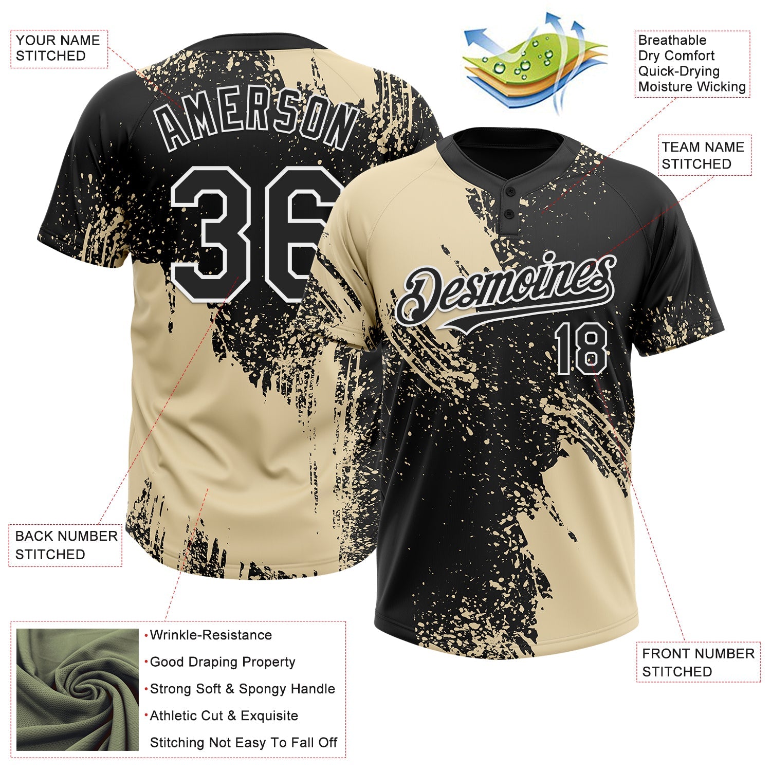 Custom Cream Black-White 3D Pattern Abstract Brush Stroke Two-Button Unisex Softball Jersey