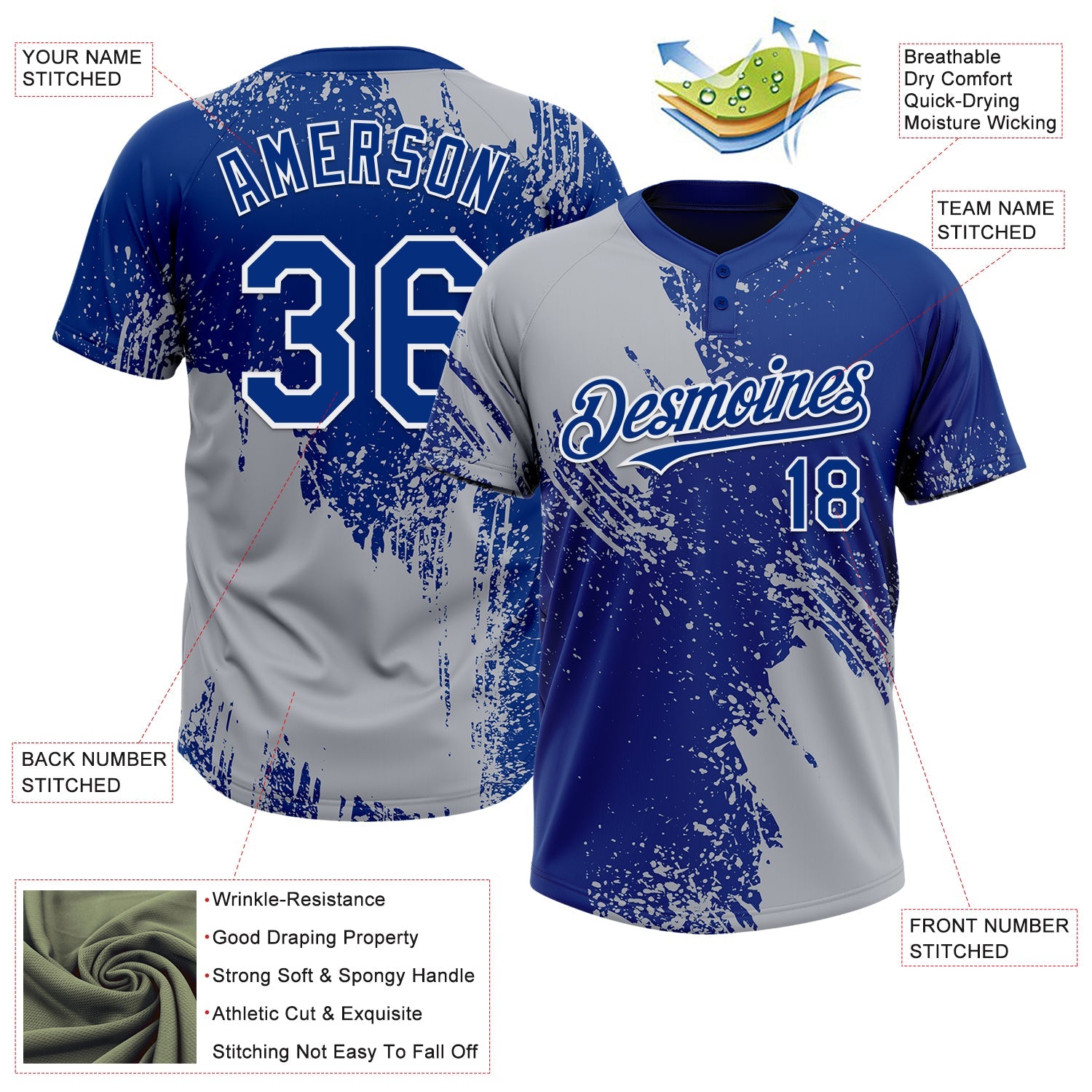 Custom Gray Royal-White 3D Pattern Abstract Brush Stroke Two-Button Unisex Softball Jersey