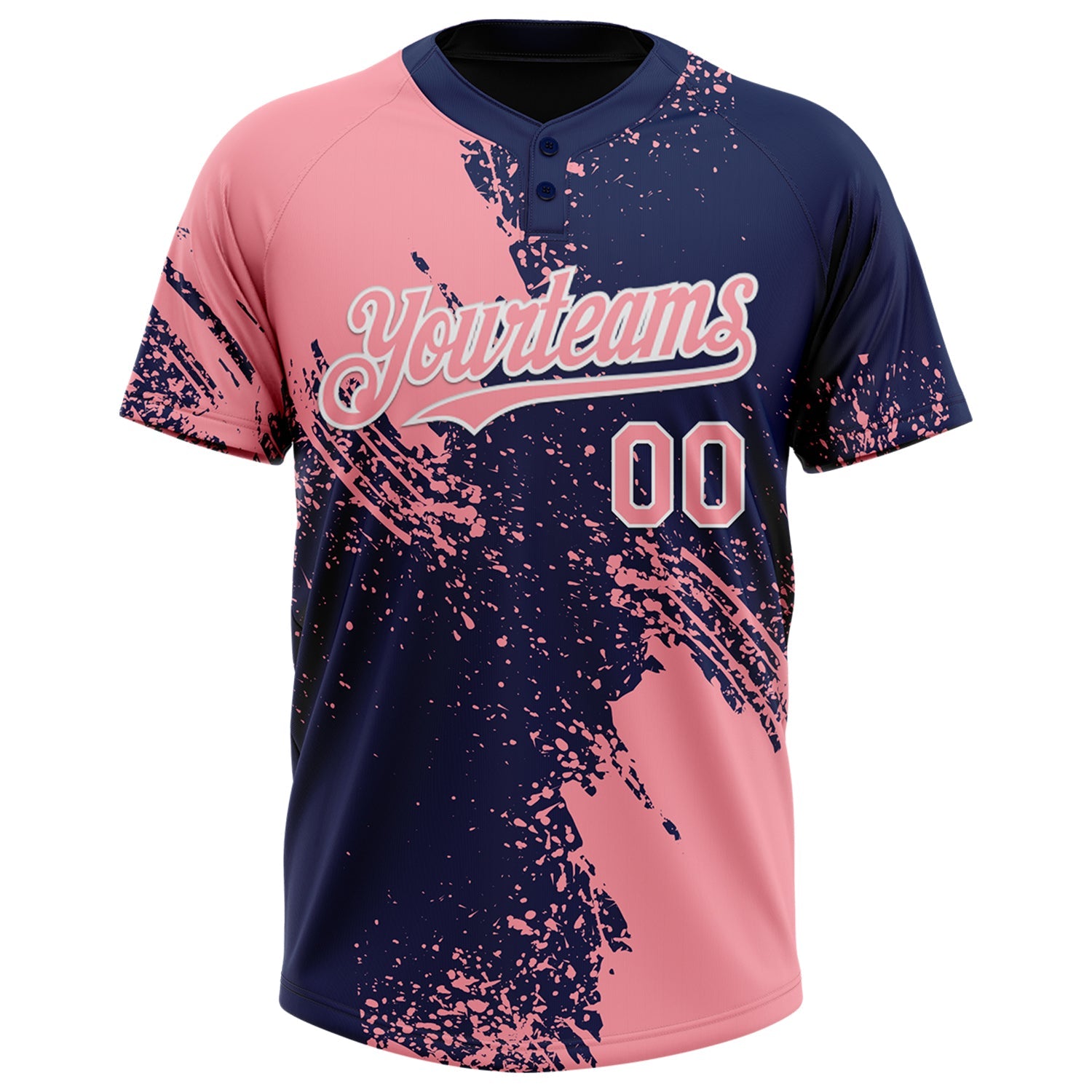Custom Medium Pink Navy-White 3D Pattern Abstract Brush Stroke Two-Button Unisex Softball Jersey