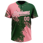 Custom Medium Pink Green-White 3D Pattern Abstract Brush Stroke Two-Button Unisex Softball Jersey