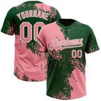 Custom Medium Pink Green-White 3D Pattern Abstract Brush Stroke Two-Button Unisex Softball Jersey