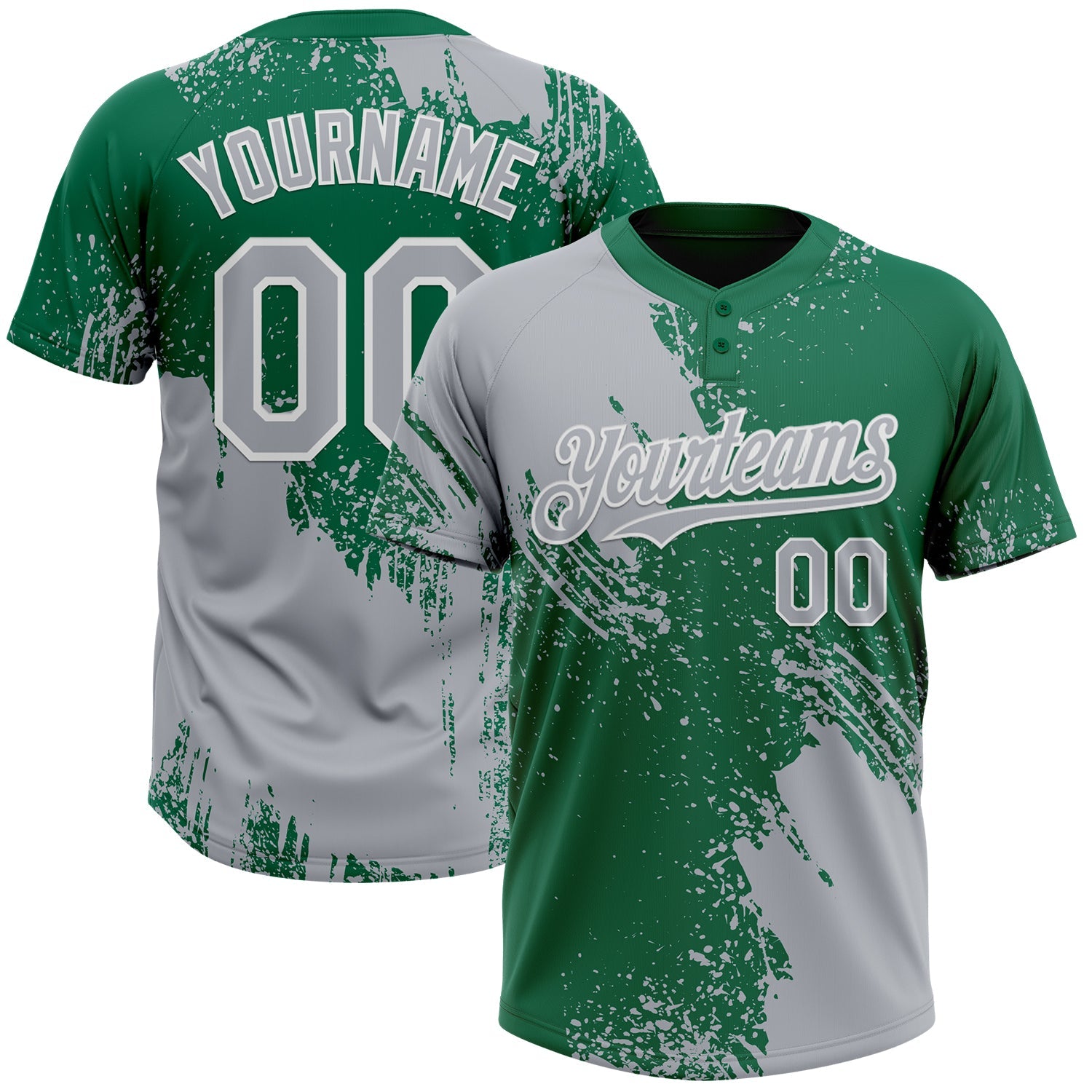 Custom Gray Kelly Green-White 3D Pattern Abstract Brush Stroke Two-Button Unisex Softball Jersey
