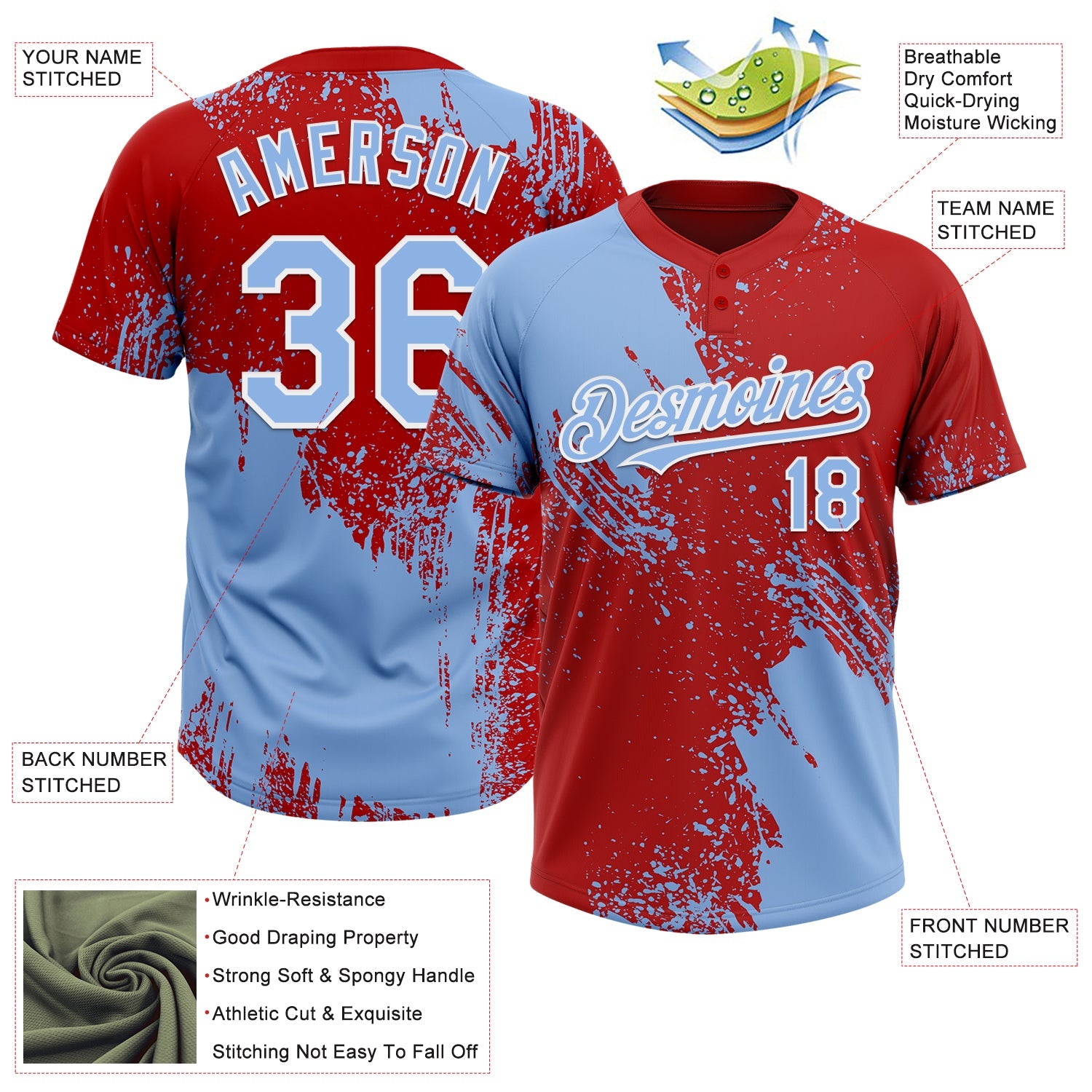 Custom Light Blue Red-White 3D Pattern Abstract Brush Stroke Two-Button Unisex Softball Jersey