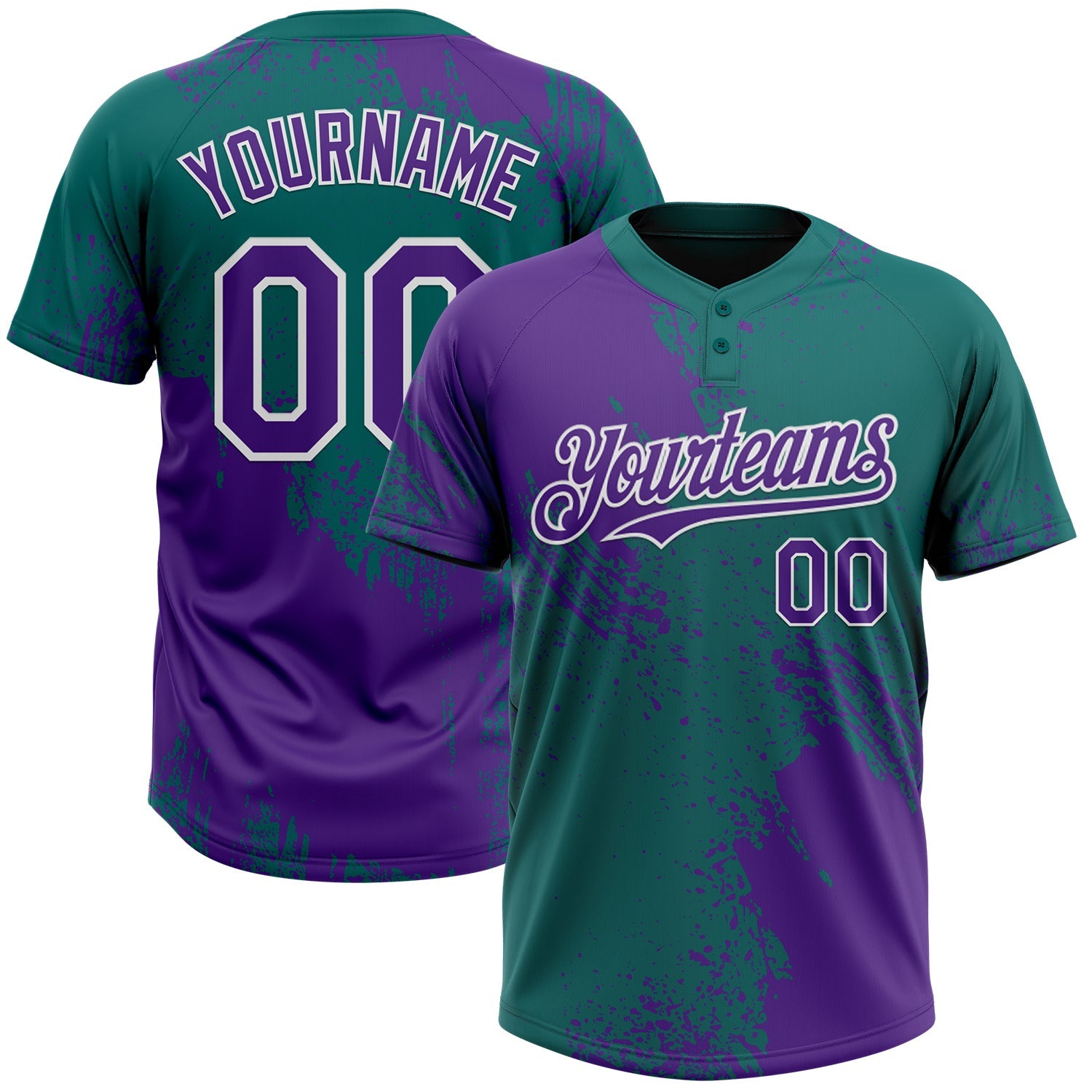 Custom Purple Teal-White 3D Pattern Abstract Brush Stroke Two-Button Unisex Softball Jersey