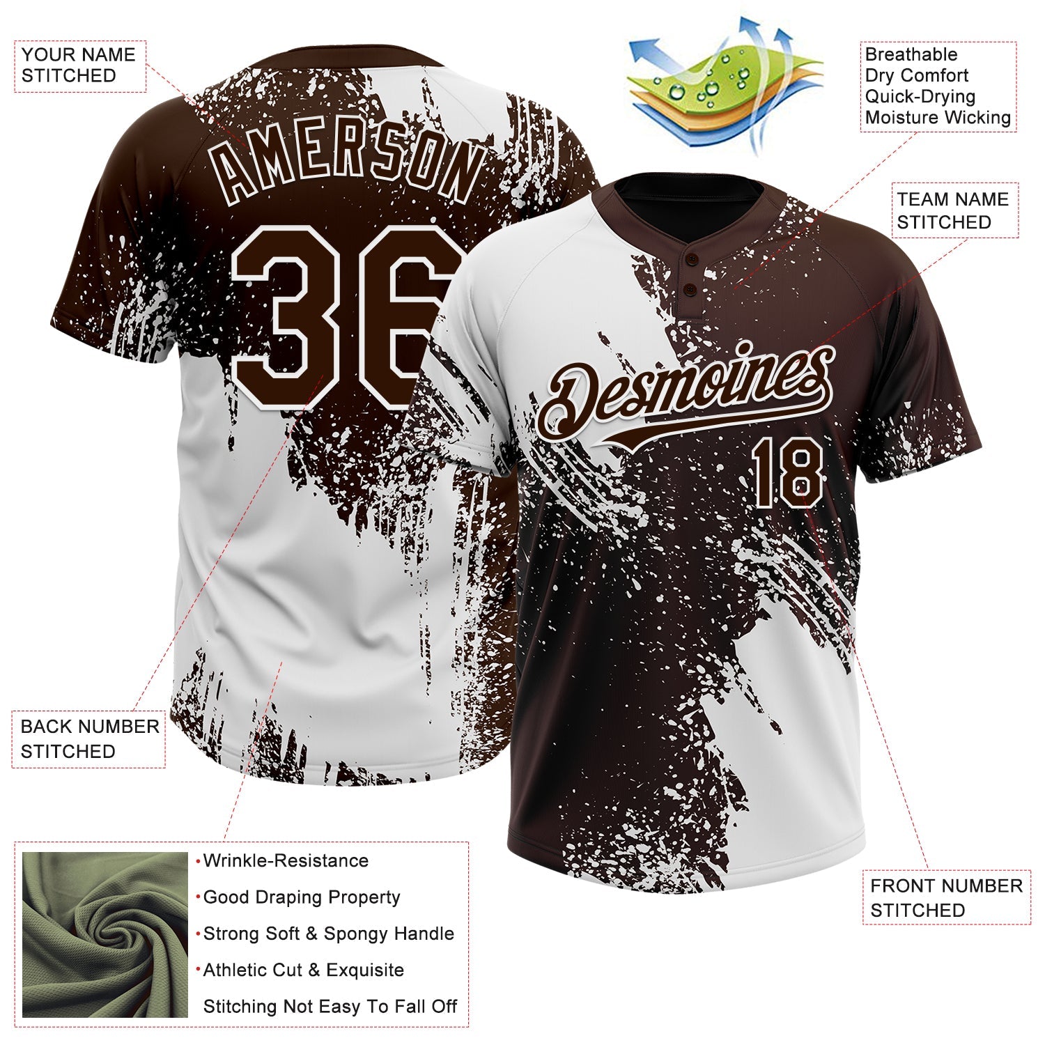 Custom White Brown 3D Pattern Abstract Brush Stroke Two-Button Unisex Softball Jersey