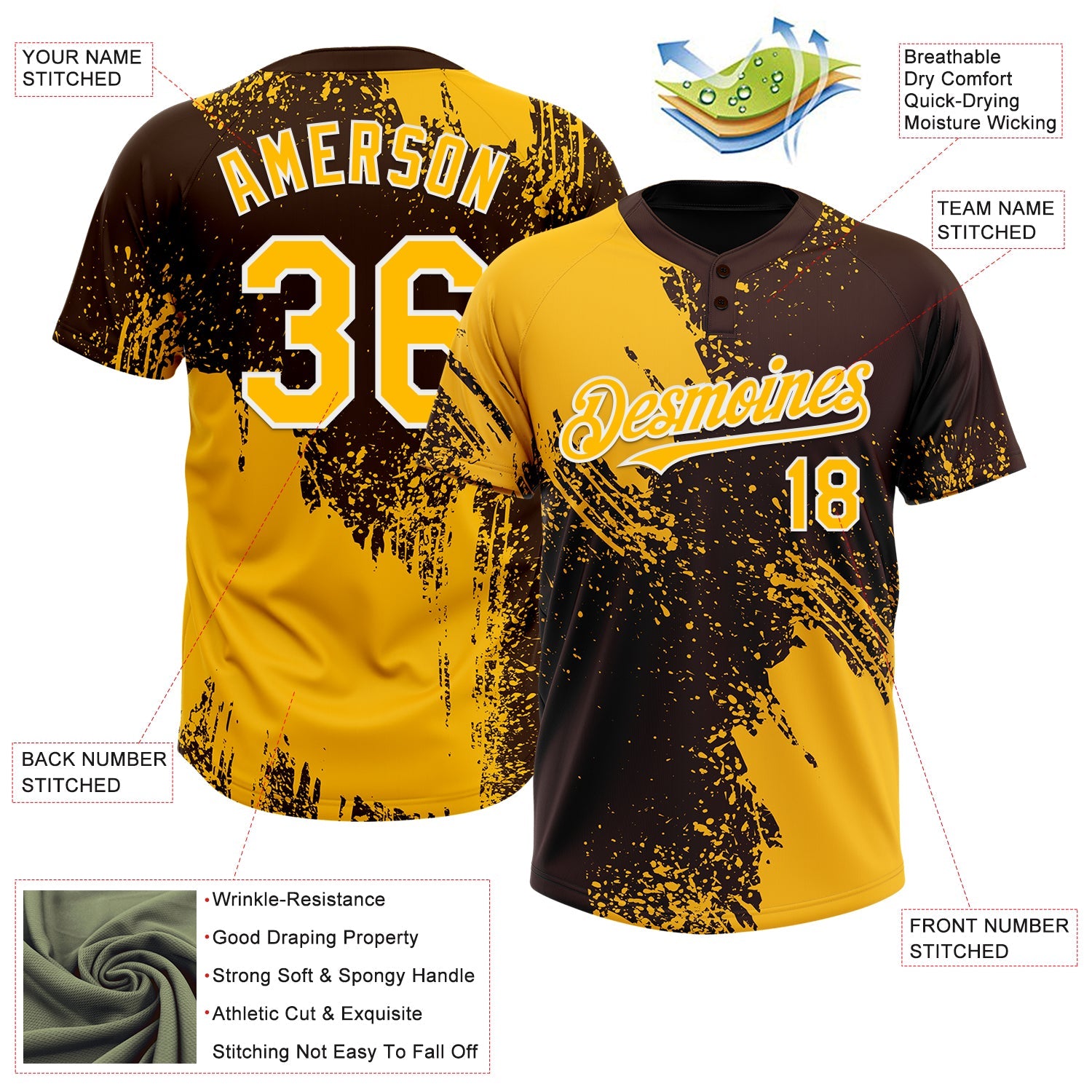 Custom Gold Brown-White 3D Pattern Abstract Brush Stroke Two-Button Unisex Softball Jersey