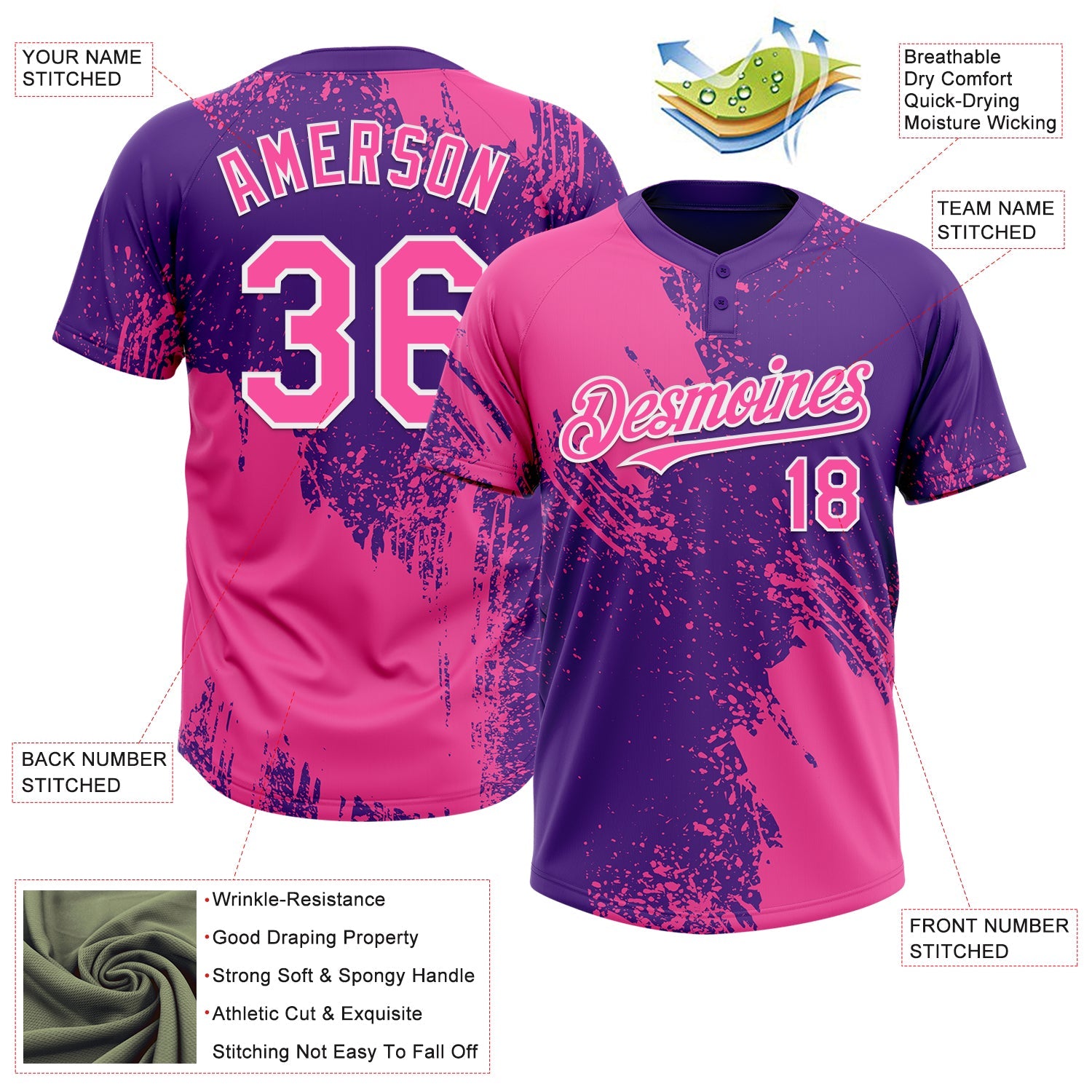 Custom Pink Purple-White 3D Pattern Abstract Brush Stroke Two-Button Unisex Softball Jersey