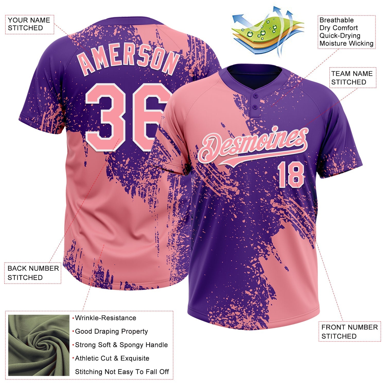 Custom Medium Pink Purple-White 3D Pattern Abstract Brush Stroke Two-Button Unisex Softball Jersey