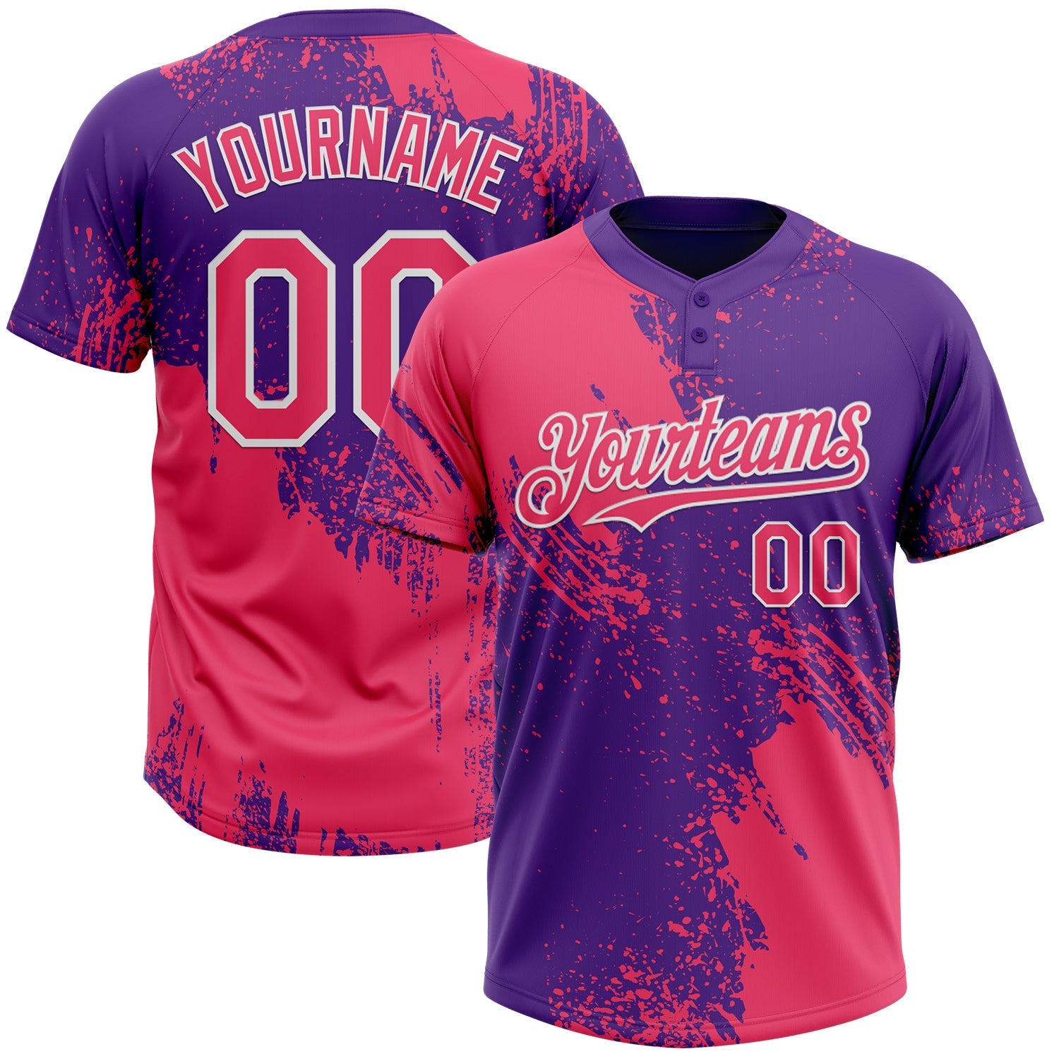 Custom Neon Pink Purple-White 3D Pattern Abstract Brush Stroke Two-Button Unisex Softball Jersey