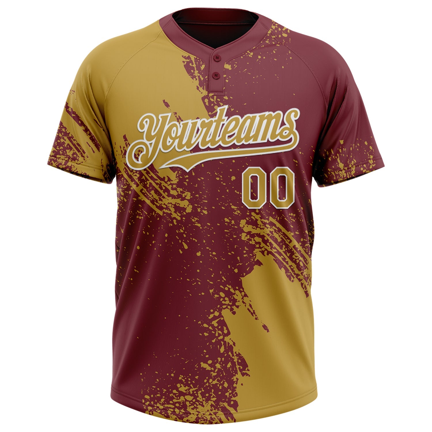 Custom Old Gold Burgundy-White 3D Pattern Abstract Brush Stroke Two-Button Unisex Softball Jersey