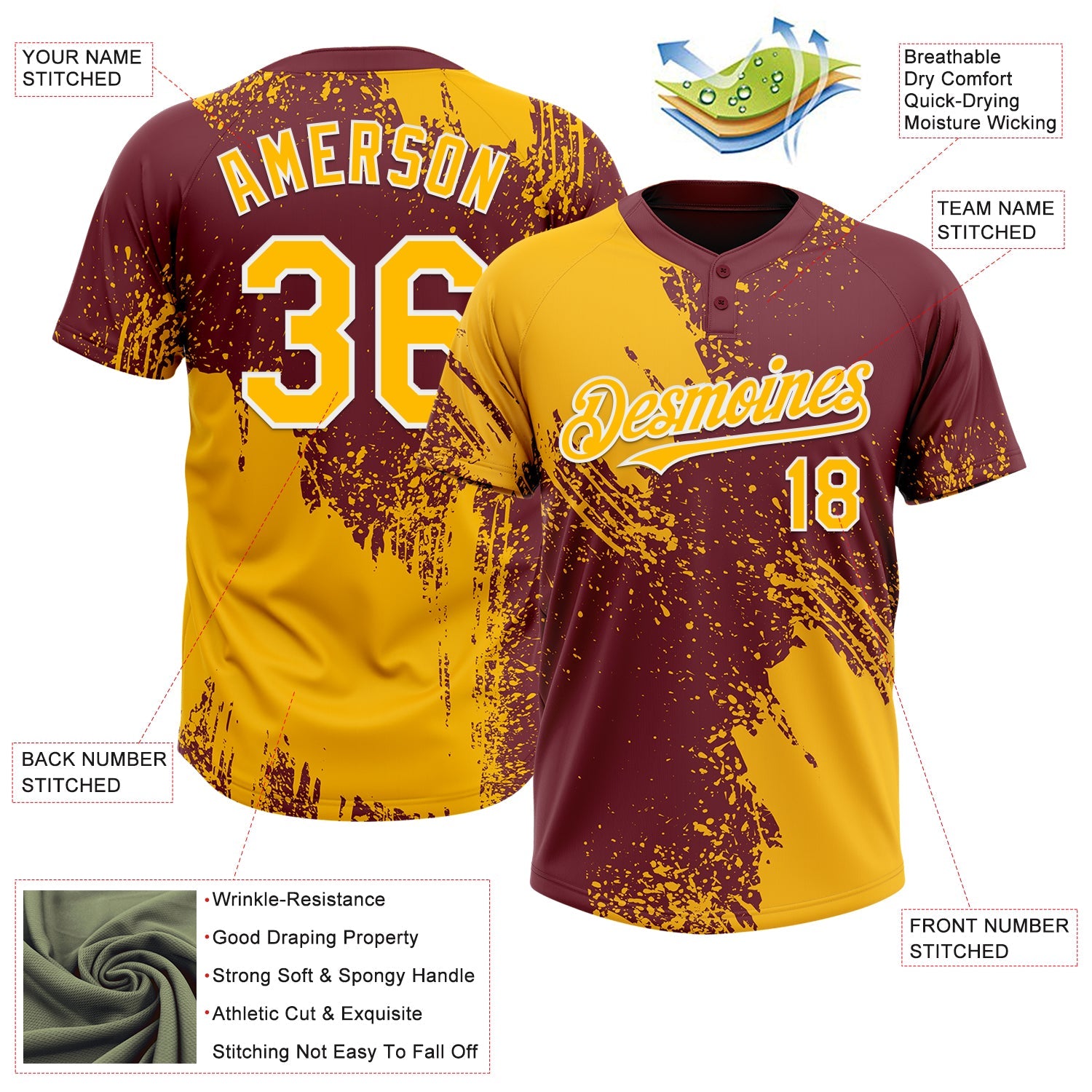 Custom Gold Burgundy-White 3D Pattern Abstract Brush Stroke Two-Button Unisex Softball Jersey