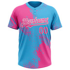 Custom Pink Sky Blue-White 3D Pattern Abstract Brush Stroke Two-Button Unisex Softball Jersey