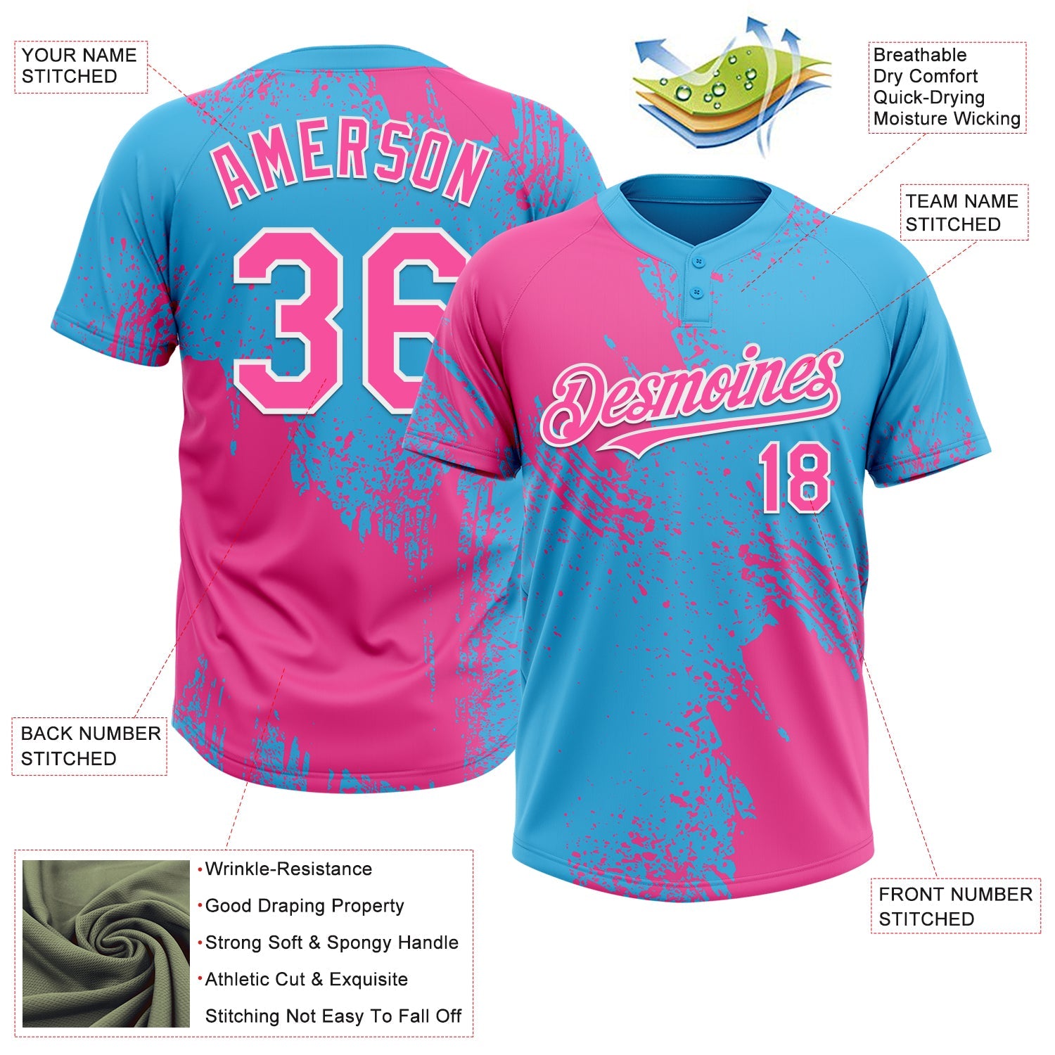Custom Pink Sky Blue-White 3D Pattern Abstract Brush Stroke Two-Button Unisex Softball Jersey
