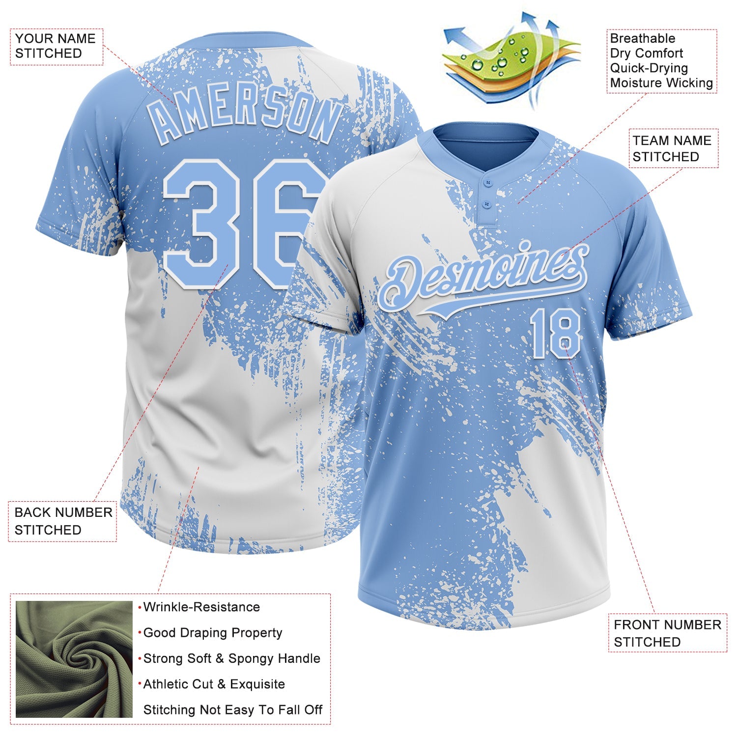 Custom White Light Blue 3D Pattern Abstract Brush Stroke Two-Button Unisex Softball Jersey
