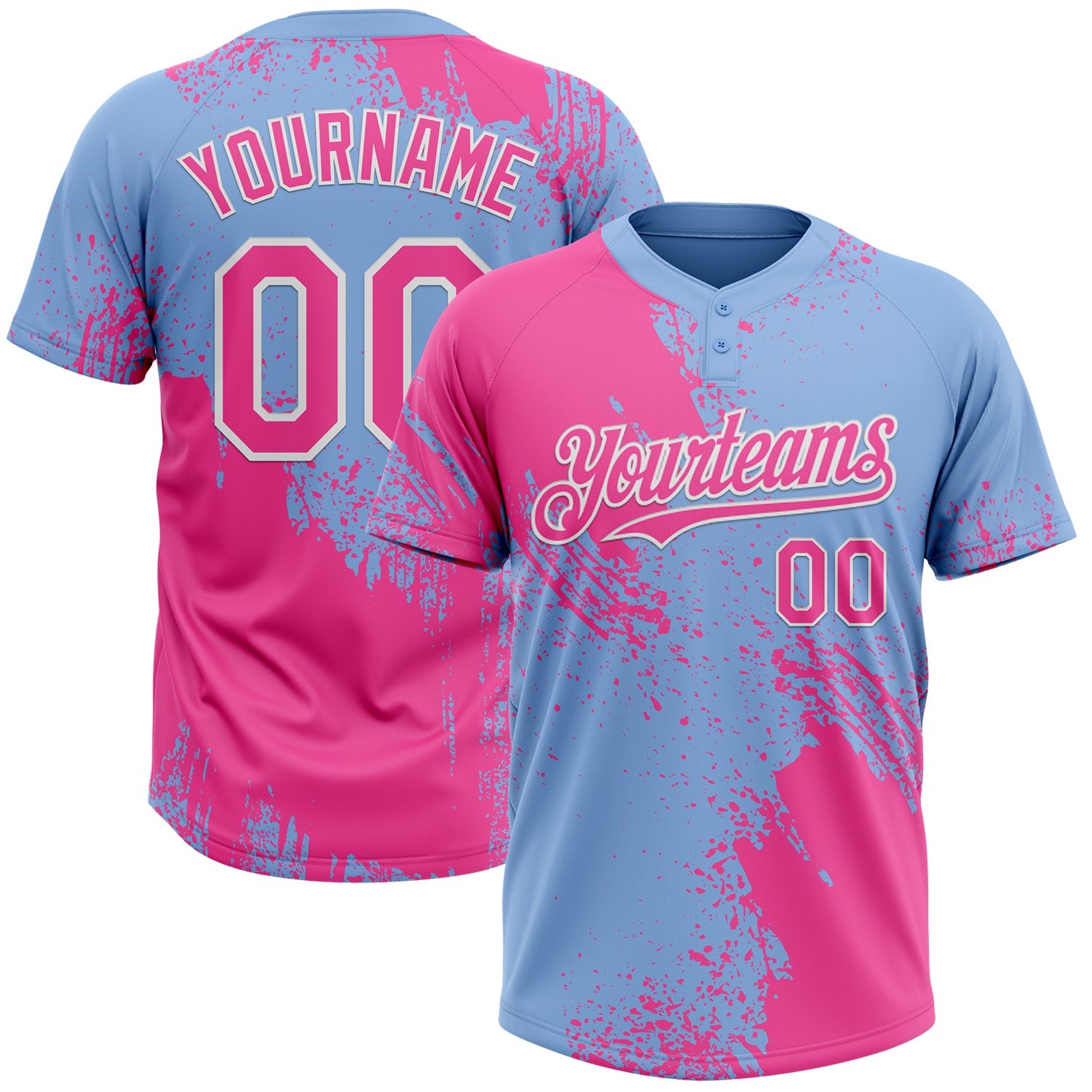 Custom Pink Light Blue-White 3D Pattern Abstract Brush Stroke Two-Button Unisex Softball Jersey