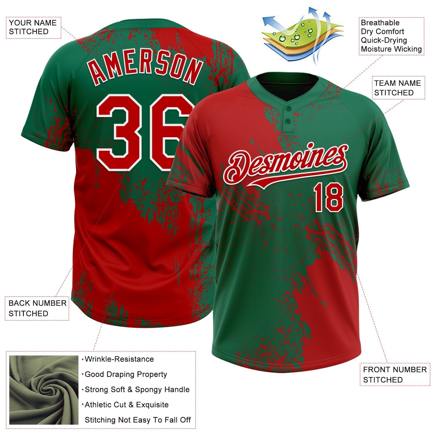 Custom Red Kelly Green-White 3D Pattern Abstract Brush Stroke Two-Button Unisex Softball Jersey