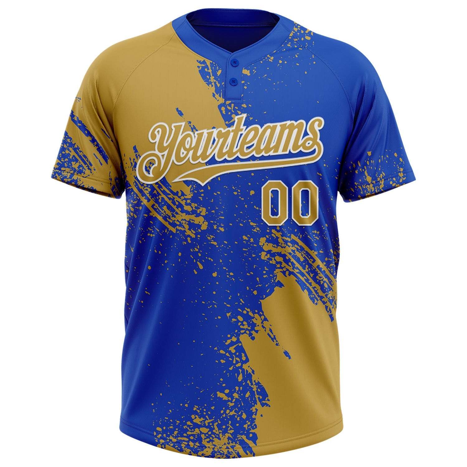 Custom Old Gold Thunder Blue-White 3D Pattern Abstract Brush Stroke Two-Button Unisex Softball Jersey