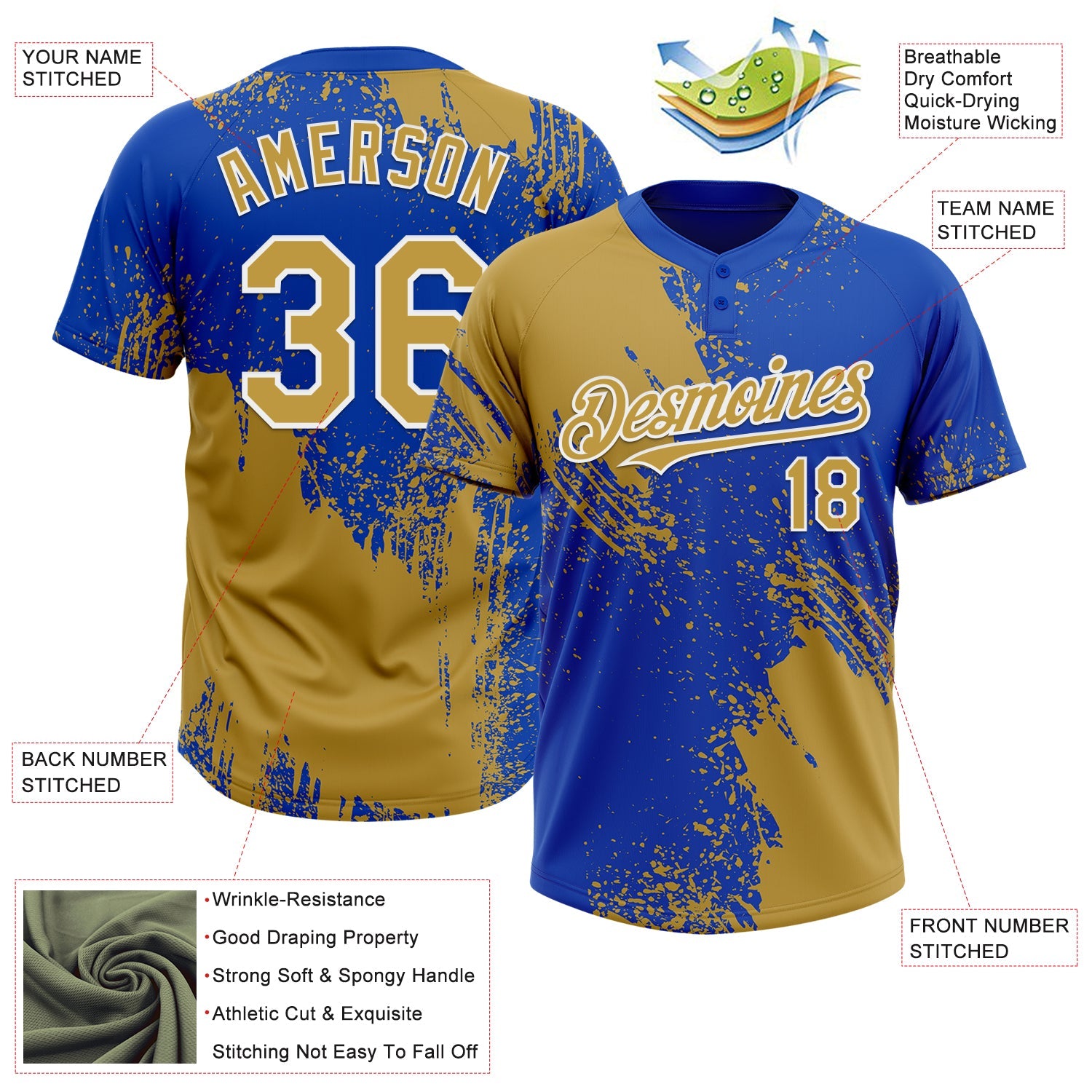 Custom Old Gold Thunder Blue-White 3D Pattern Abstract Brush Stroke Two-Button Unisex Softball Jersey