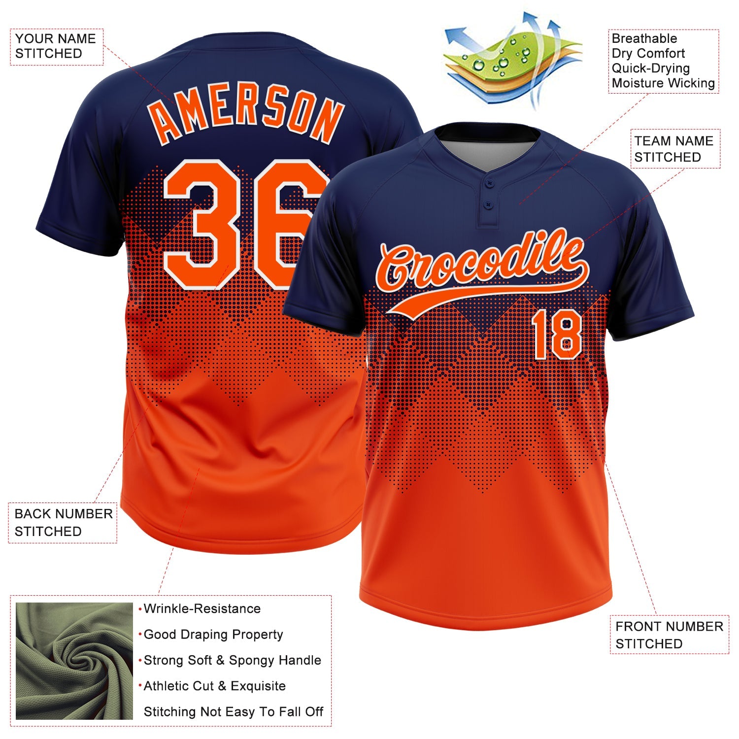 Custom Navy Orange-White 3D Gradient Square Shape Two-Button Unisex Softball Jersey