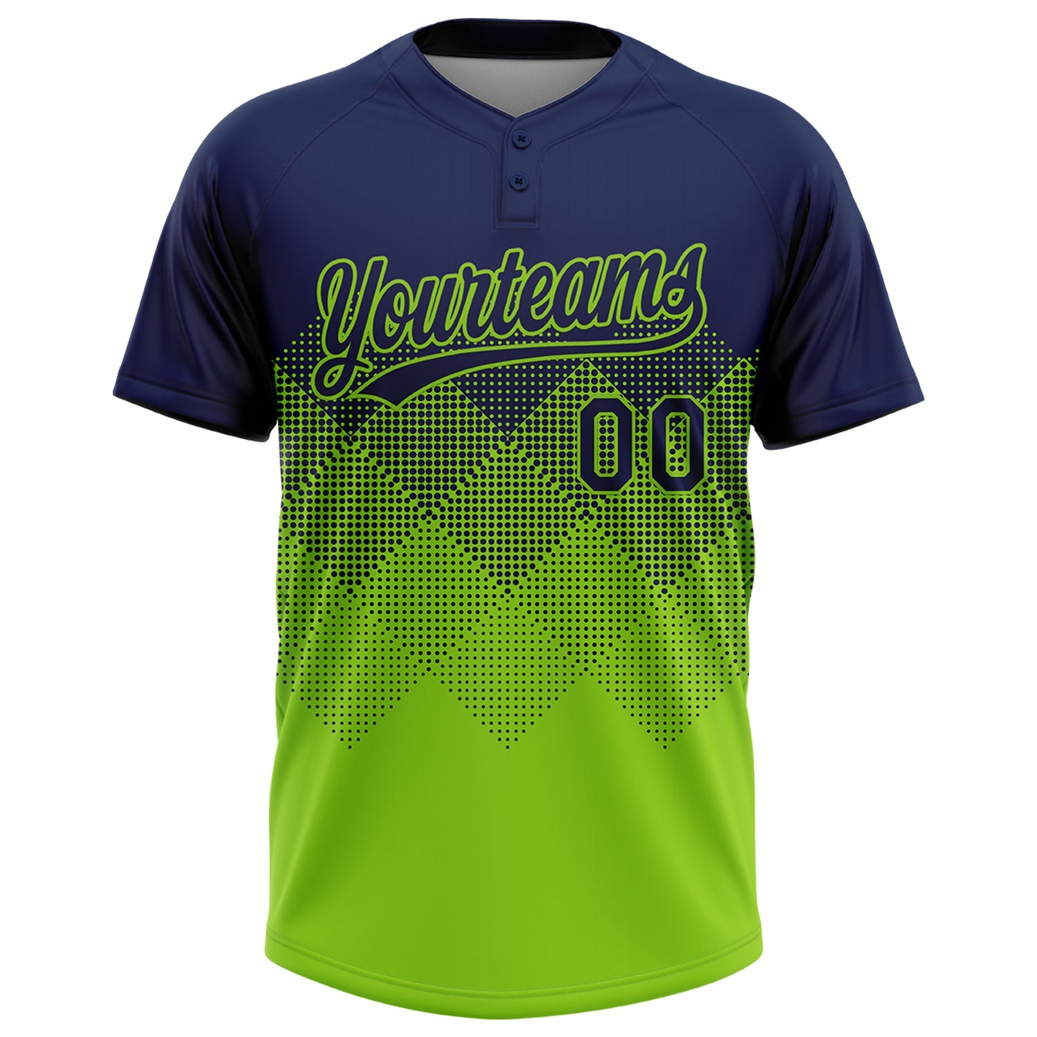 Custom Navy Neon Green 3D Gradient Square Shape Two-Button Unisex Softball Jersey