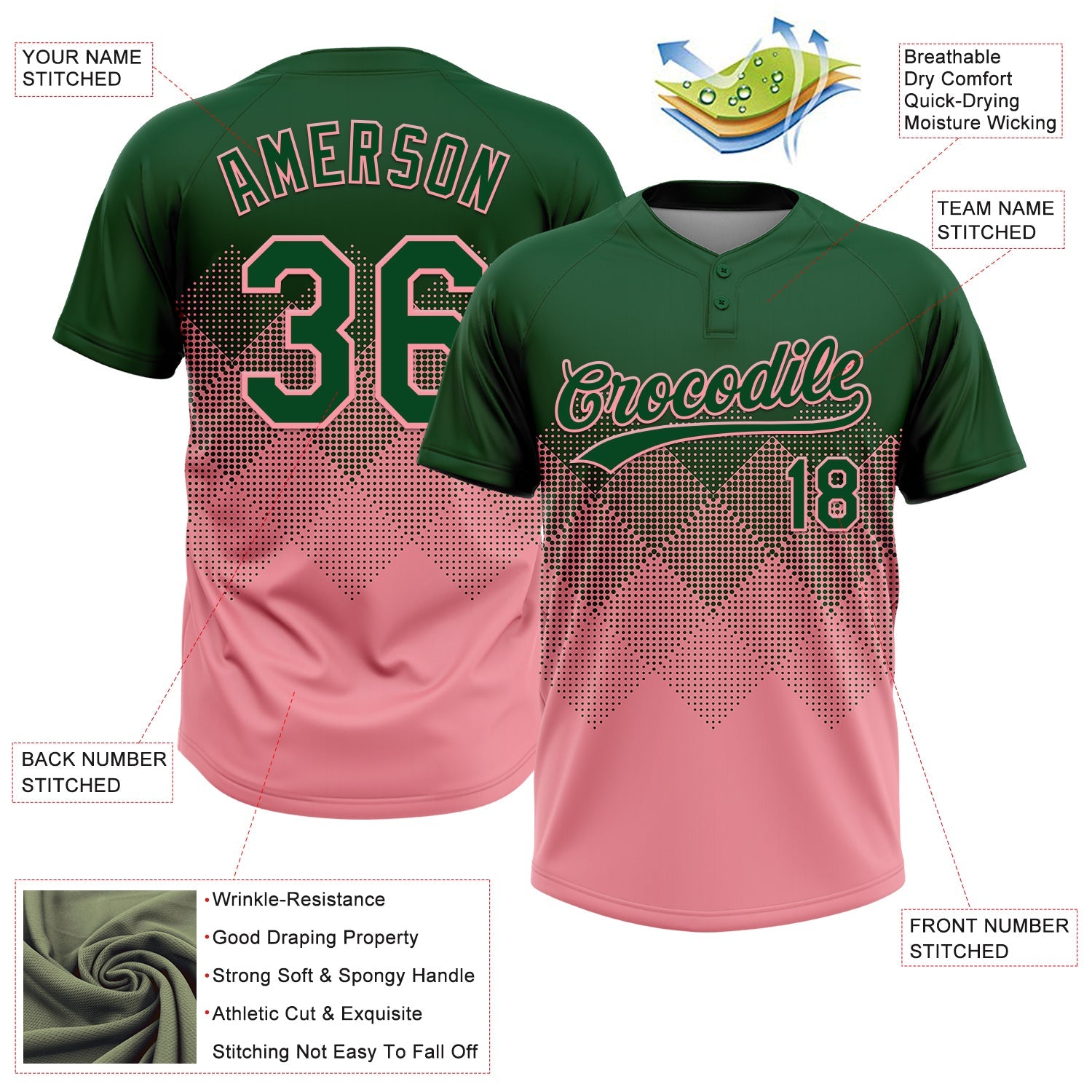 Custom Green Medium Pink 3D Gradient Square Shape Two-Button Unisex Softball Jersey