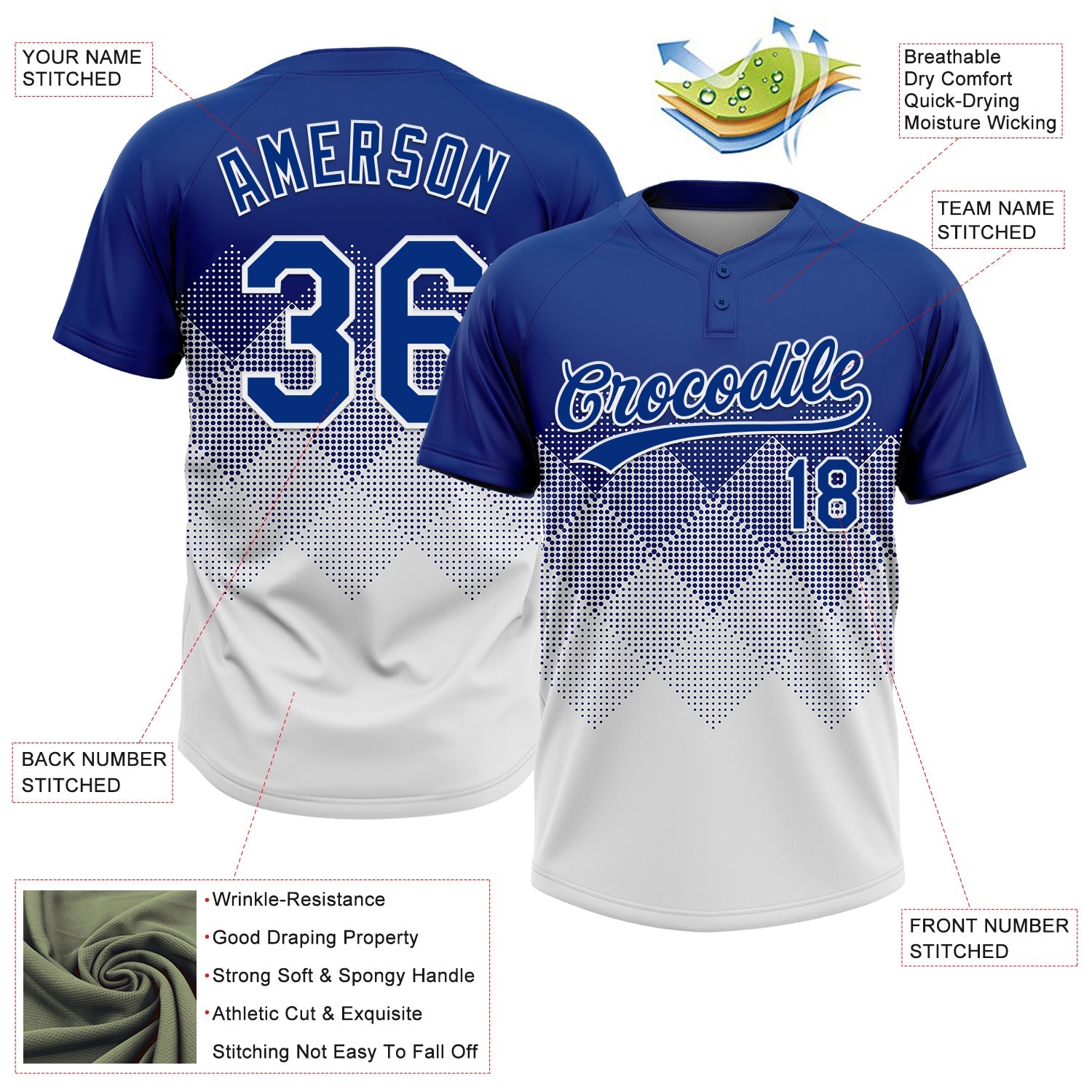 Custom Royal White 3D Gradient Square Shape Two-Button Unisex Softball Jersey