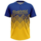 Custom Royal Yellow 3D Gradient Square Shape Two-Button Unisex Softball Jersey
