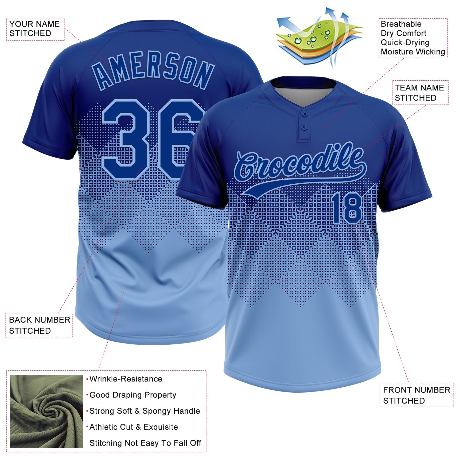 Custom Royal Light Blue 3D Gradient Square Shape Two-Button Unisex Softball Jersey