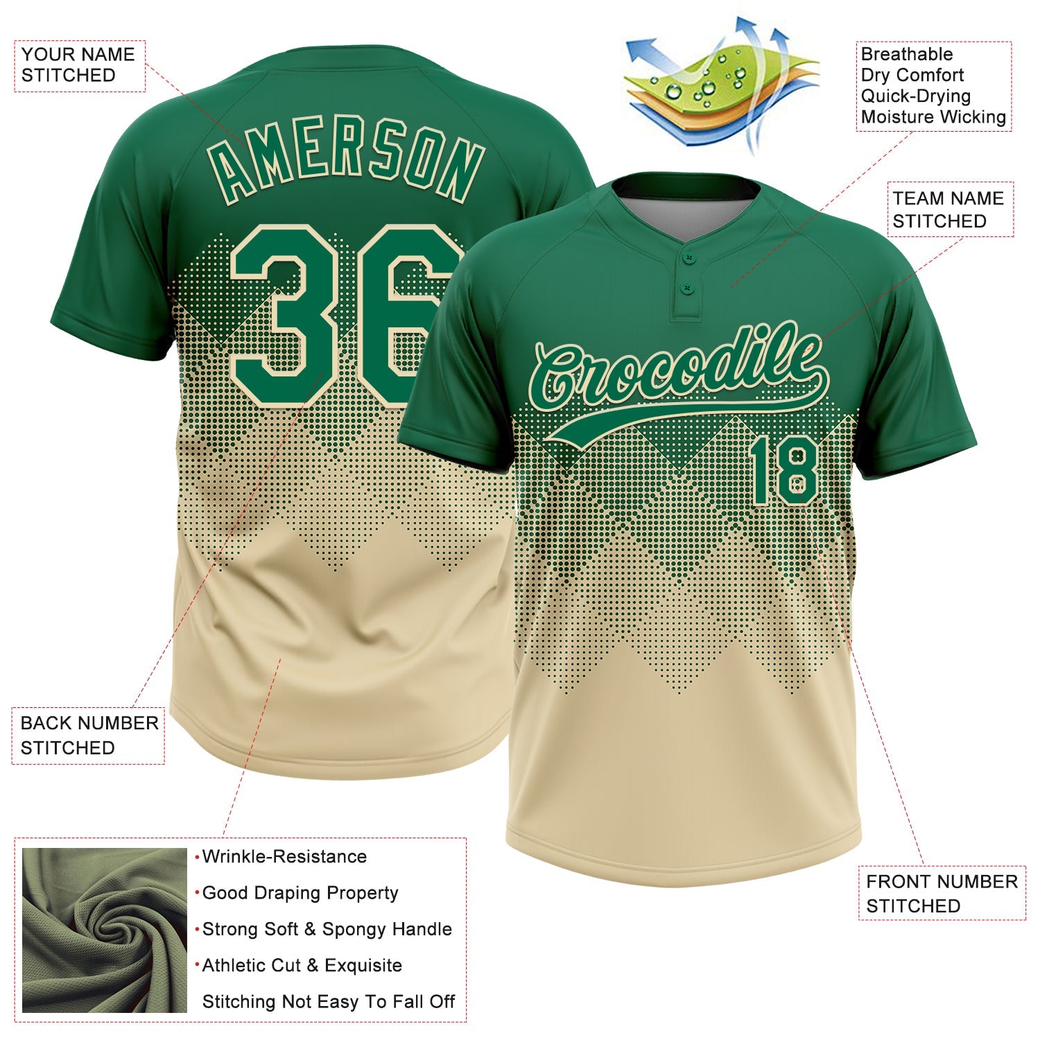 Custom Kelly Green Cream 3D Gradient Square Shape Two-Button Unisex Softball Jersey
