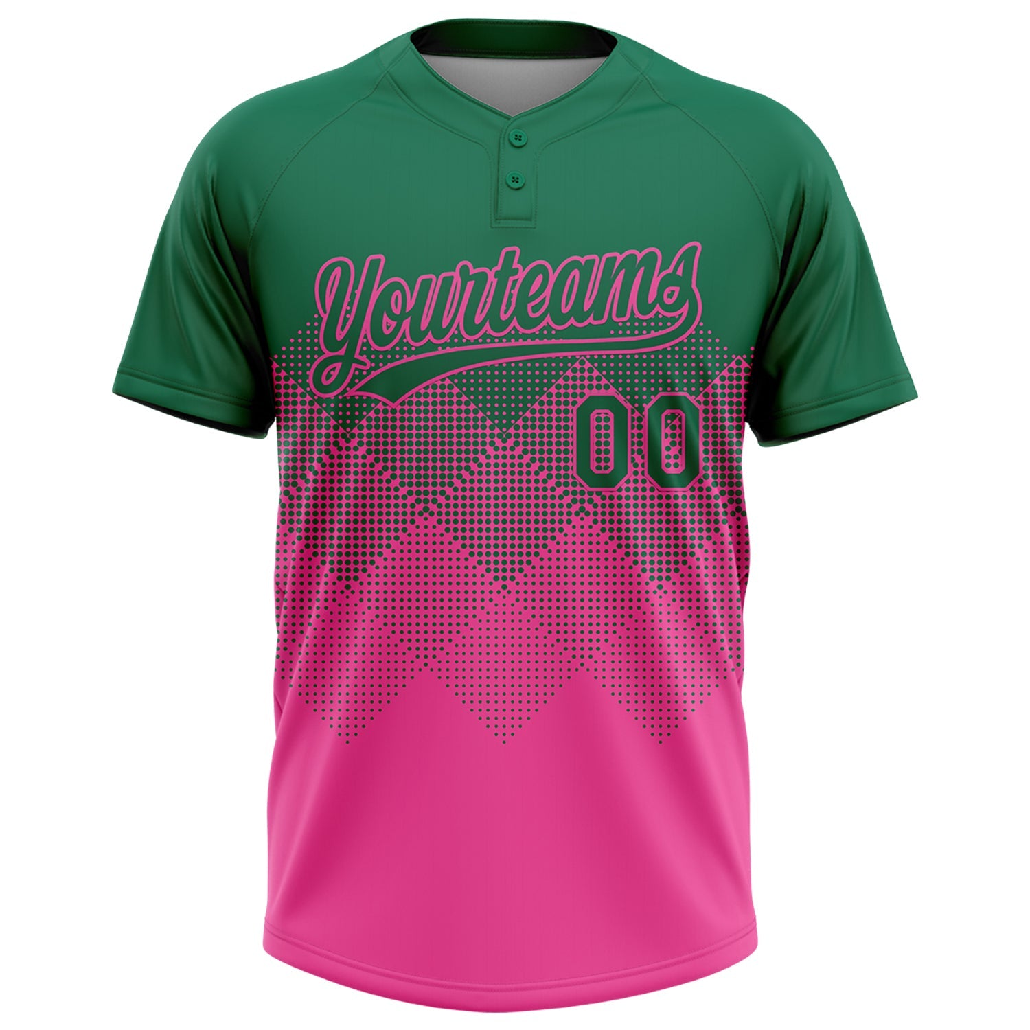 Custom Kelly Green Pink 3D Gradient Square Shape Two-Button Unisex Softball Jersey