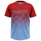 Custom Red Light Blue 3D Gradient Square Shape Two-Button Unisex Softball Jersey