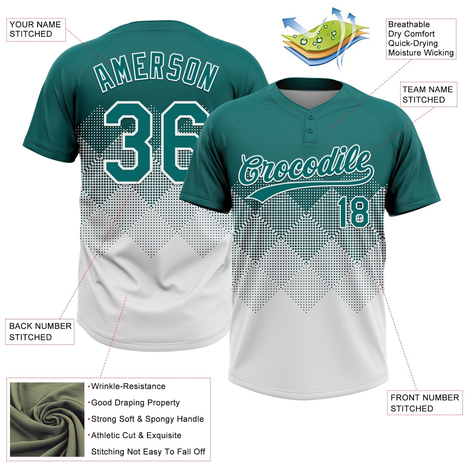 Custom Teal White 3D Gradient Square Shape Two-Button Unisex Softball Jersey