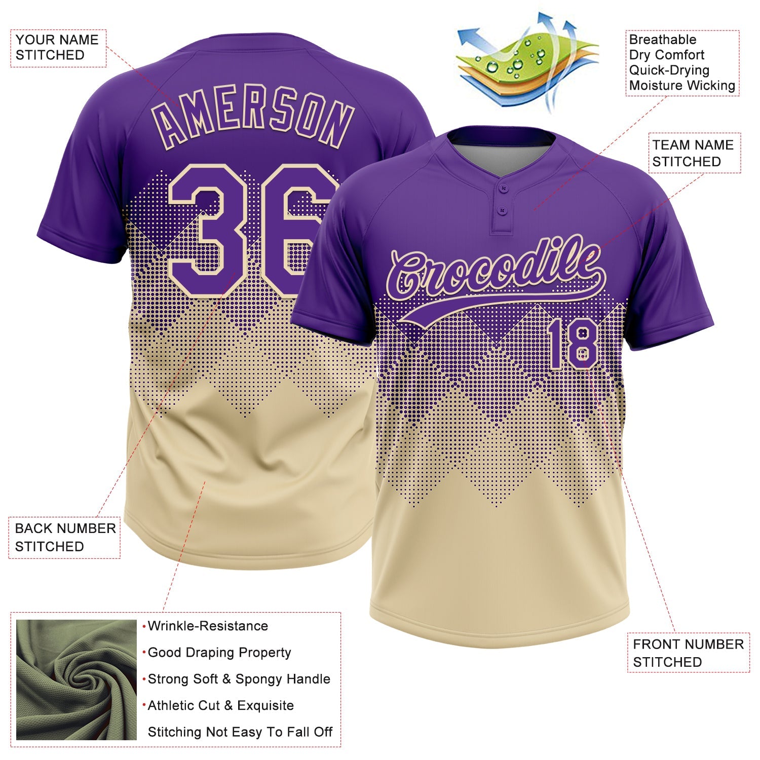 Custom Purple Cream 3D Gradient Square Shape Two-Button Unisex Softball Jersey