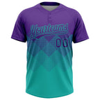 Custom Purple Aqua 3D Gradient Square Shape Two-Button Unisex Softball Jersey