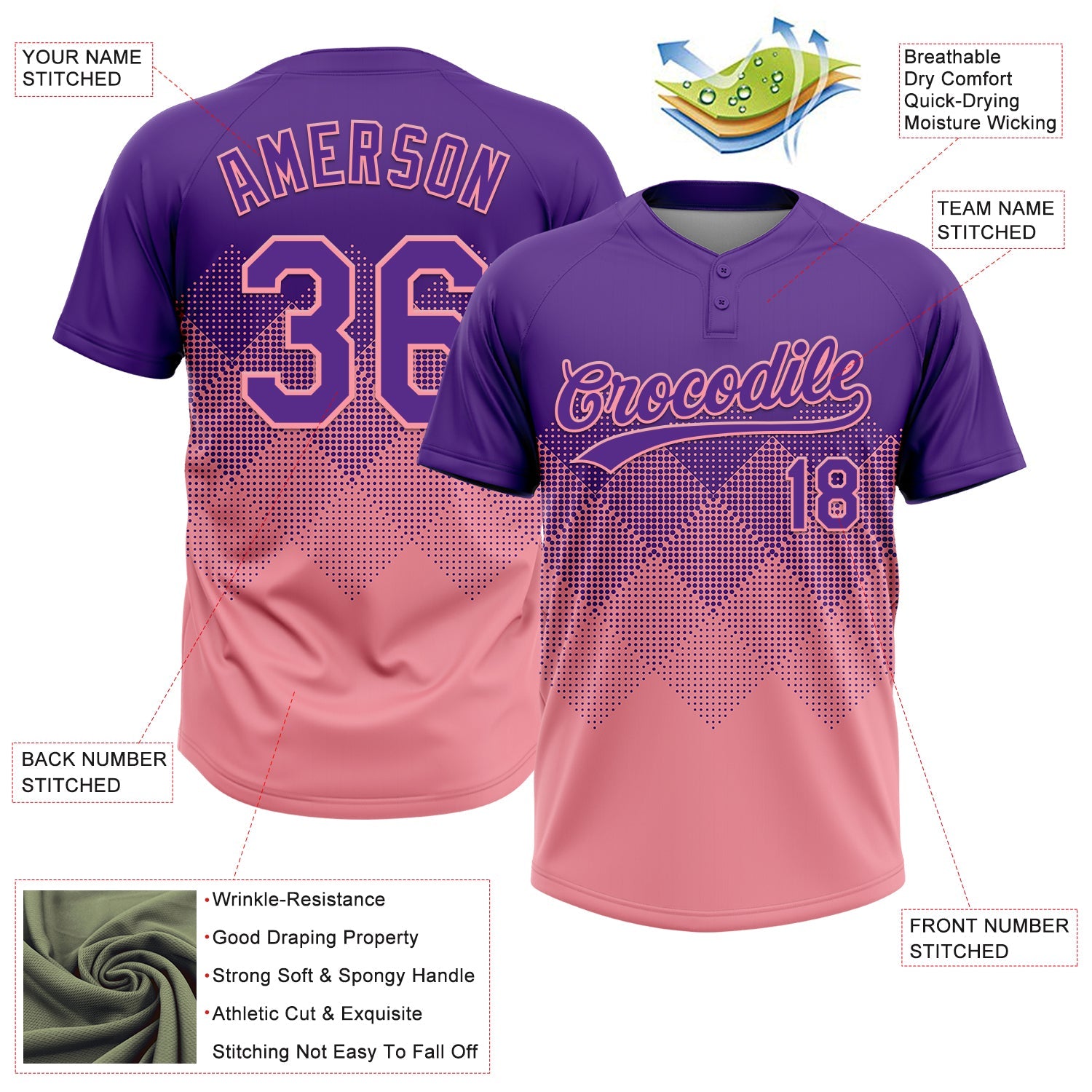Custom Purple Medium Pink 3D Gradient Square Shape Two-Button Unisex Softball Jersey