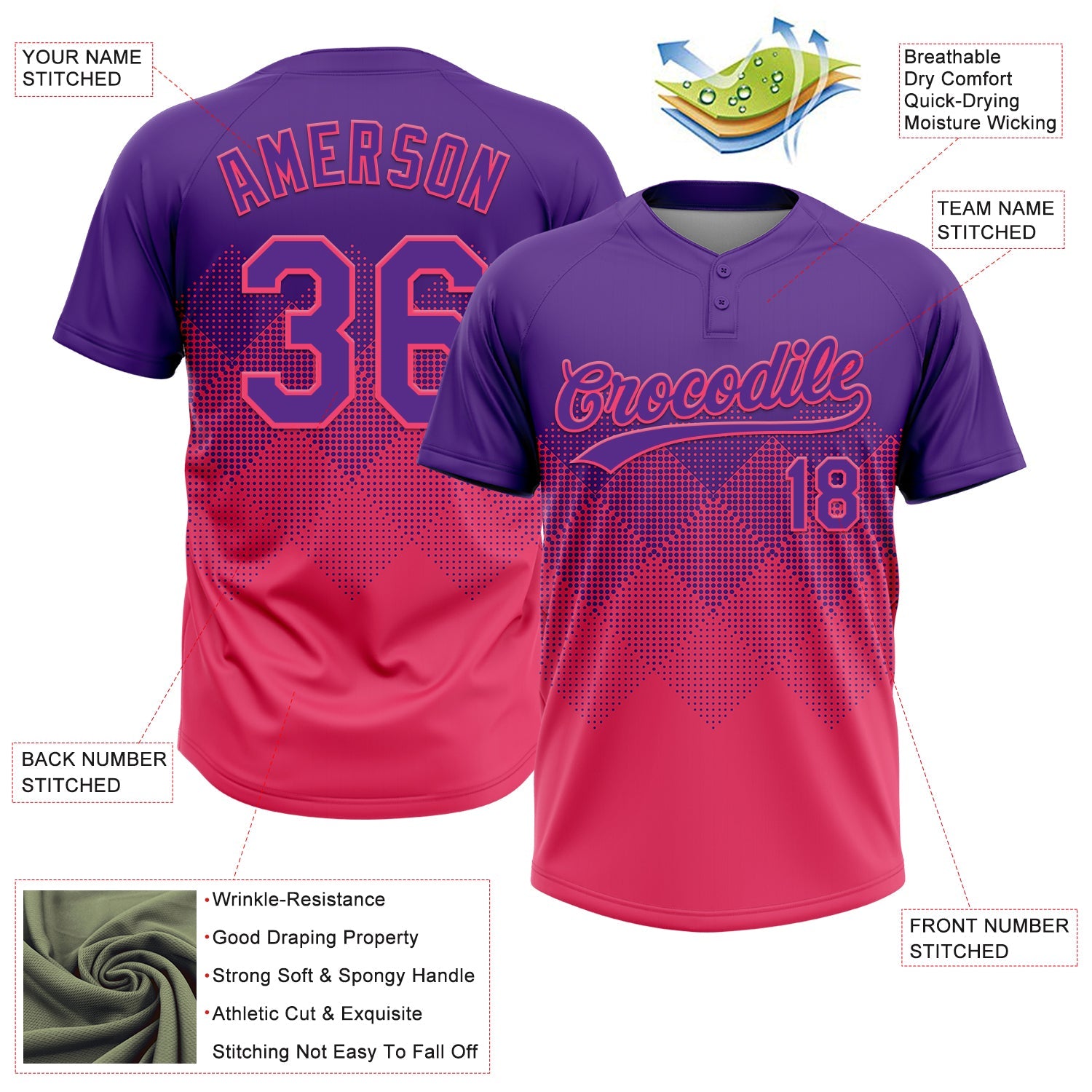 Custom Purple Neon Pink 3D Gradient Square Shape Two-Button Unisex Softball Jersey