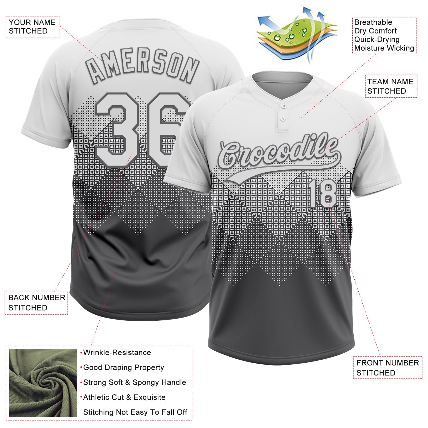 Custom White Steel Gray 3D Gradient Square Shape Two-Button Unisex Softball Jersey