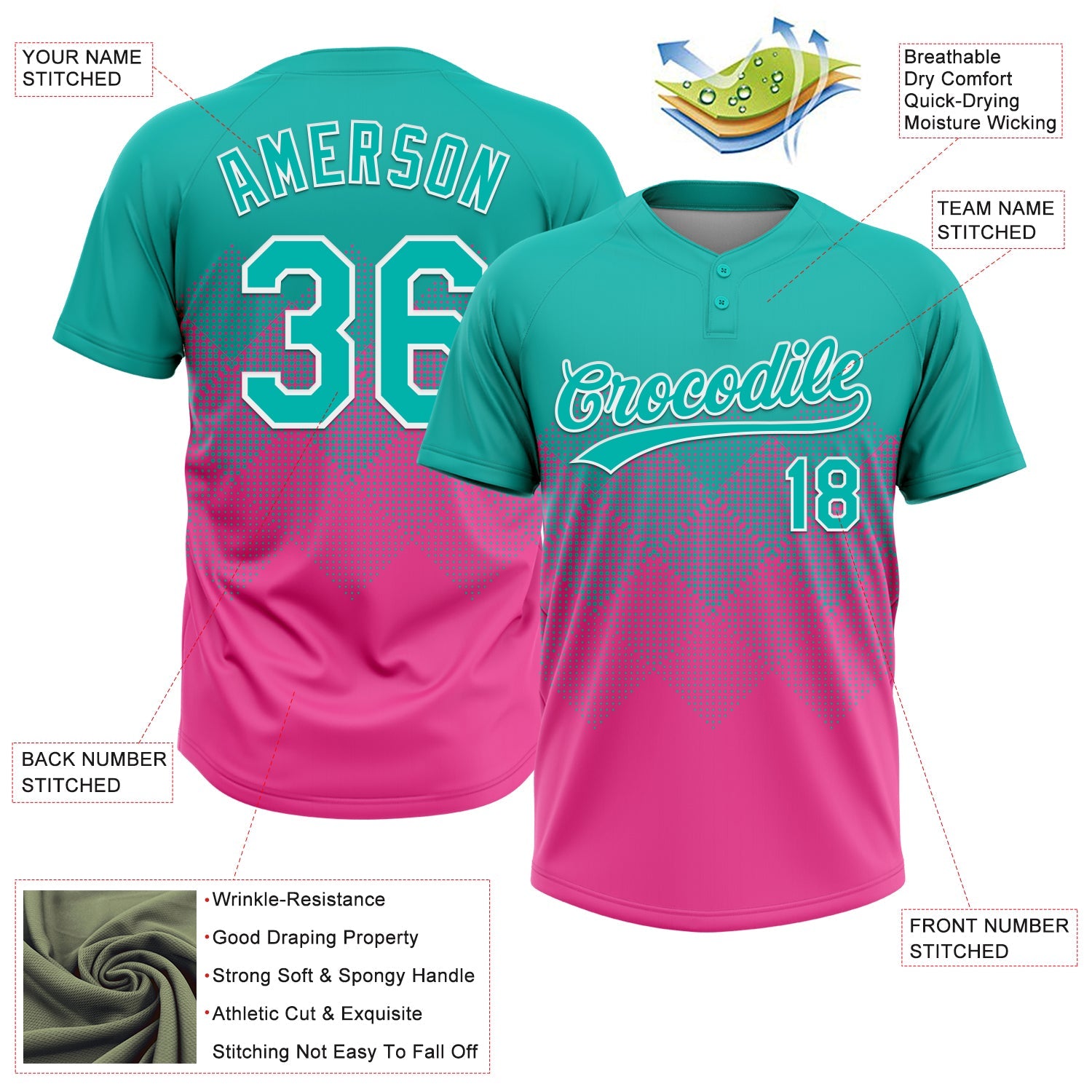 Custom Aqua Pink-White 3D Gradient Square Shape Two-Button Unisex Softball Jersey