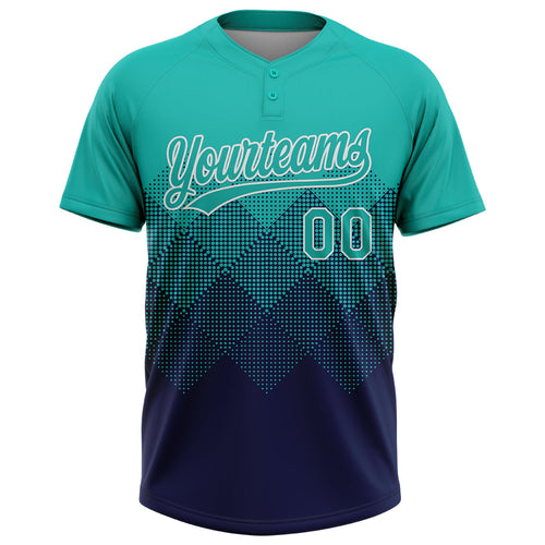 Custom Aqua Navy-White 3D Gradient Square Shape Two-Button Unisex Softball Jersey