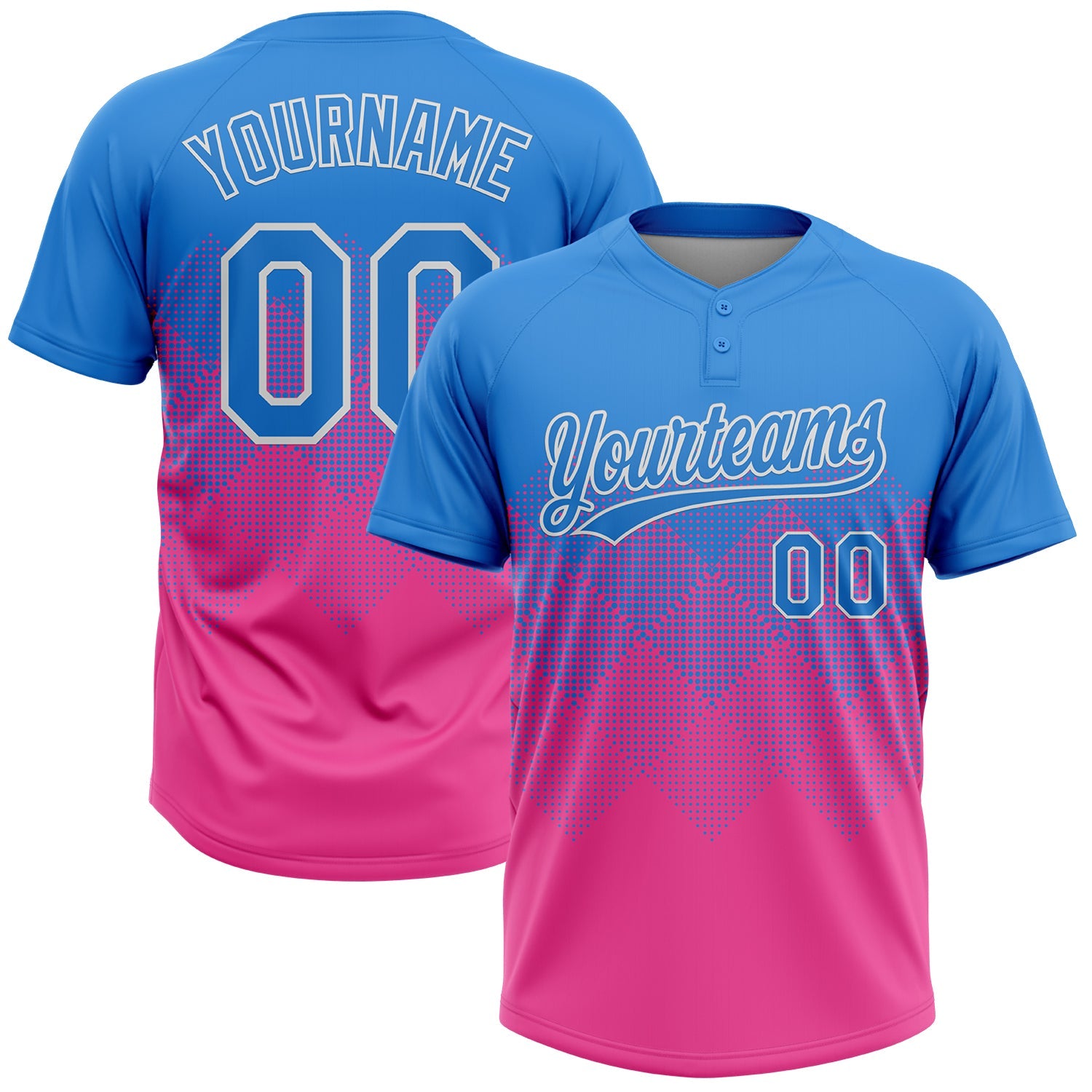 Custom Electric Blue Pink-White 3D Gradient Square Shape Two-Button Unisex Softball Jersey