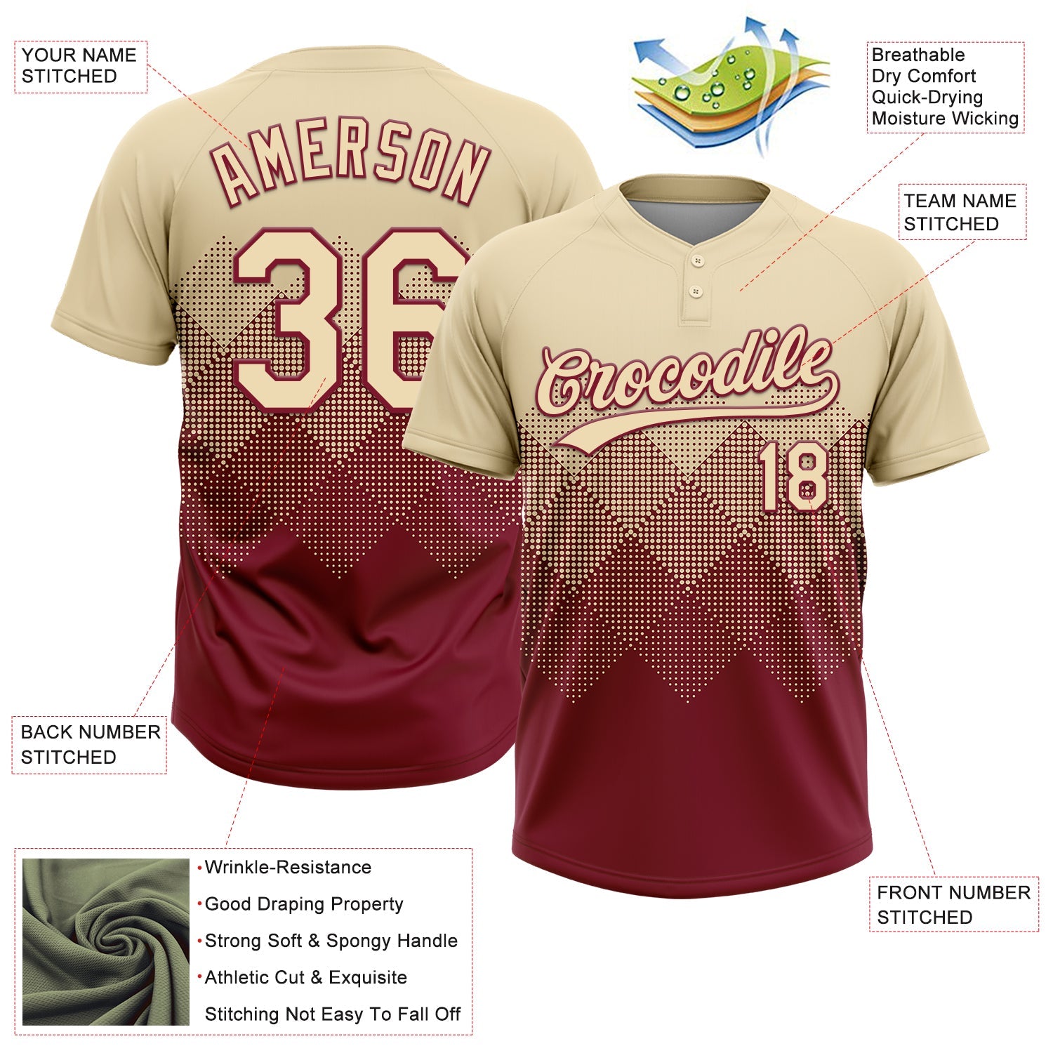Custom Cream Crimson 3D Gradient Square Shape Two-Button Unisex Softball Jersey
