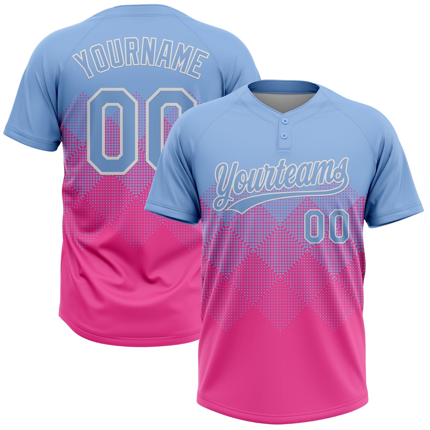 Custom Light Blue Pink-White 3D Gradient Square Shape Two-Button Unisex Softball Jersey