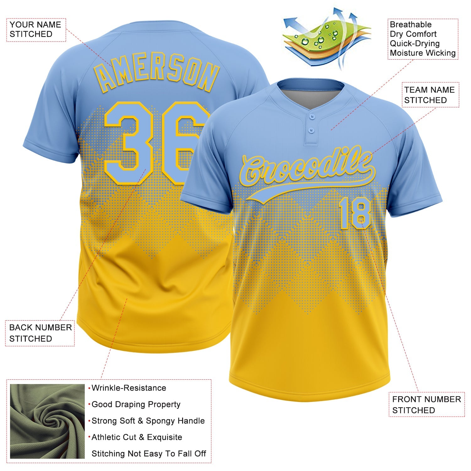 Custom Light Blue Yellow 3D Gradient Square Shape Two-Button Unisex Softball Jersey