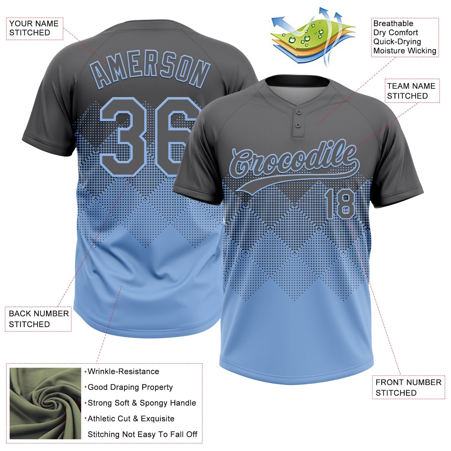 Custom Steel Gray Light Blue 3D Gradient Square Shape Two-Button Unisex Softball Jersey