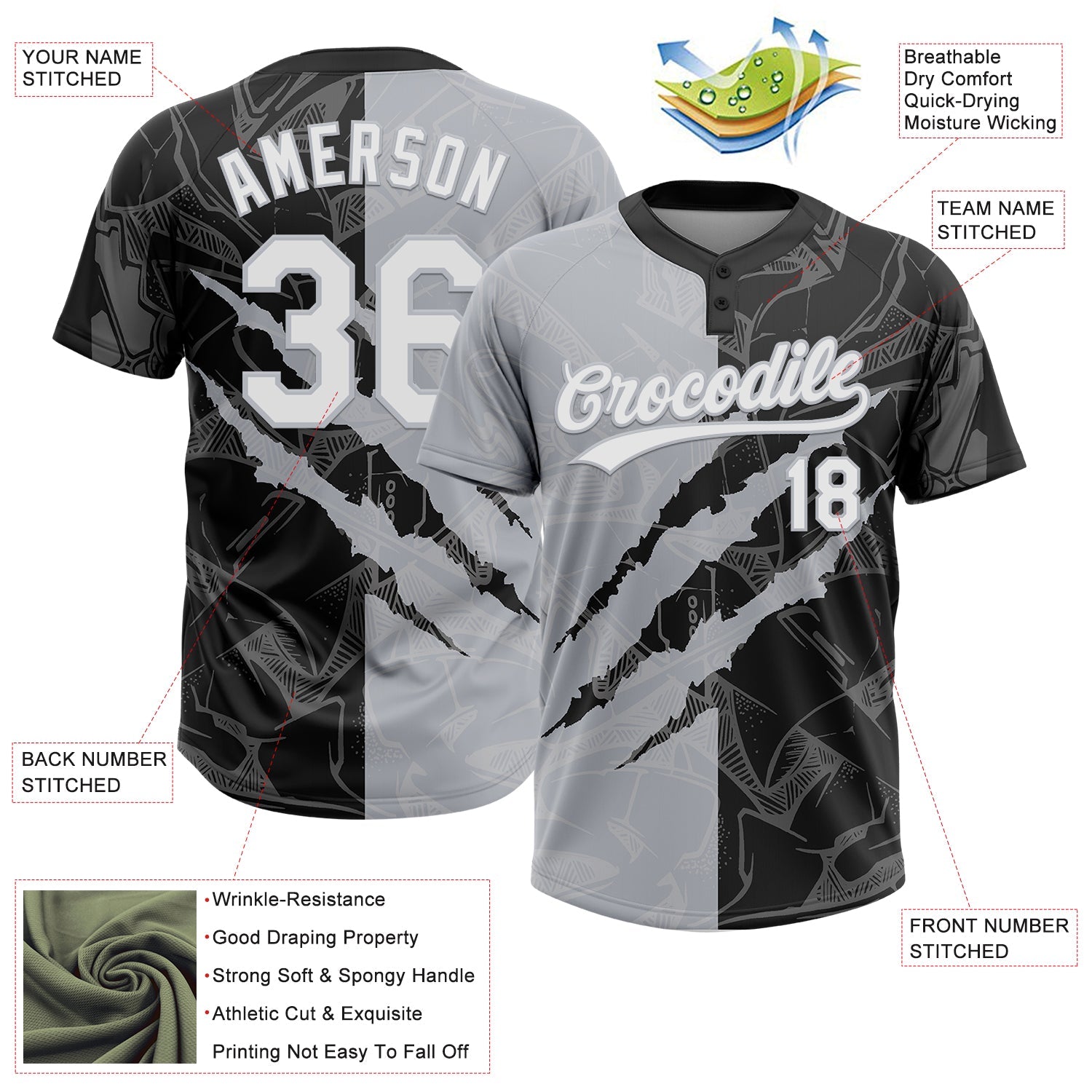 Custom Graffiti Pattern White Black-Gray 3D Scratch Two-Button Unisex Softball Jersey