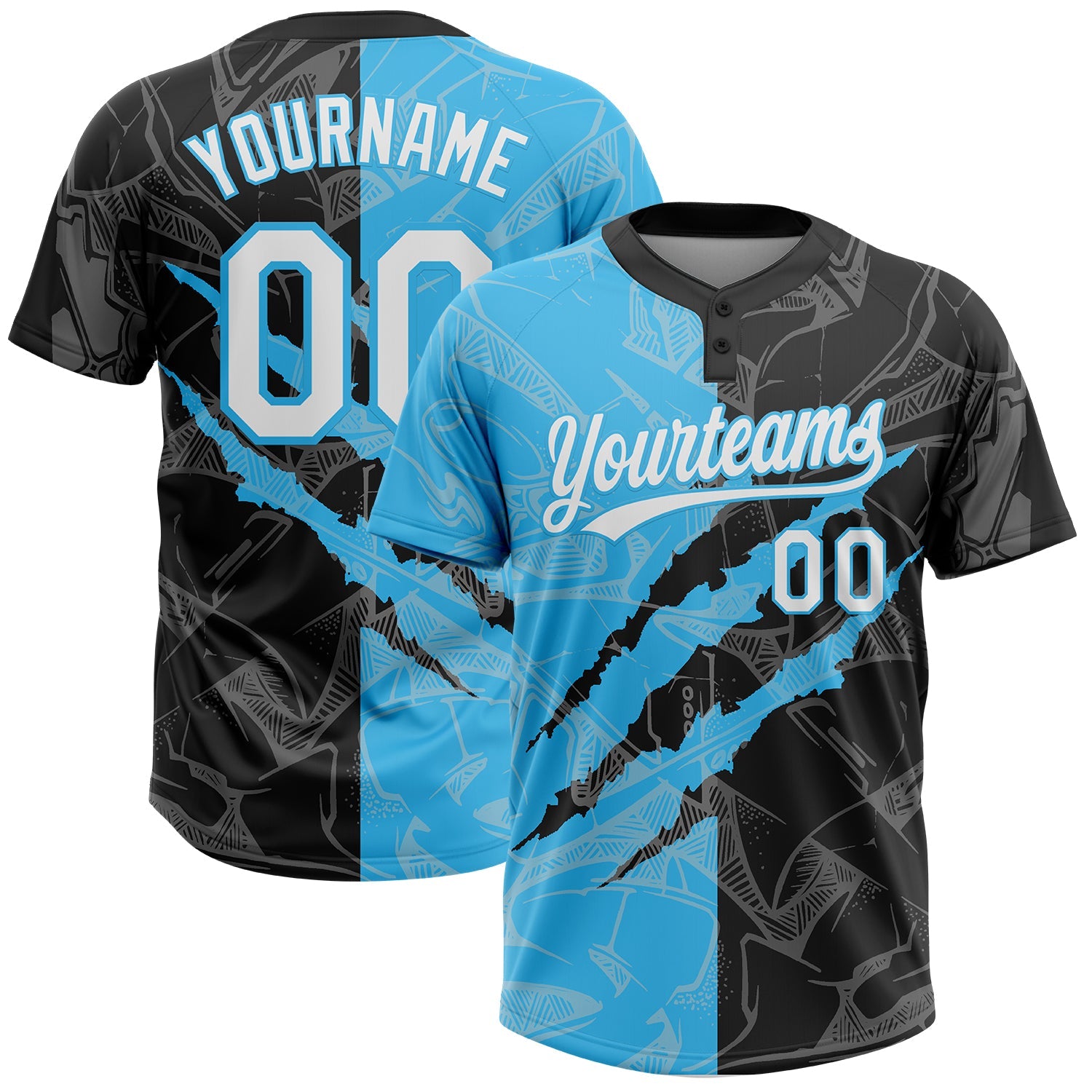 Custom Graffiti Pattern White Black-Sky Blue 3D Scratch Two-Button Unisex Softball Jersey