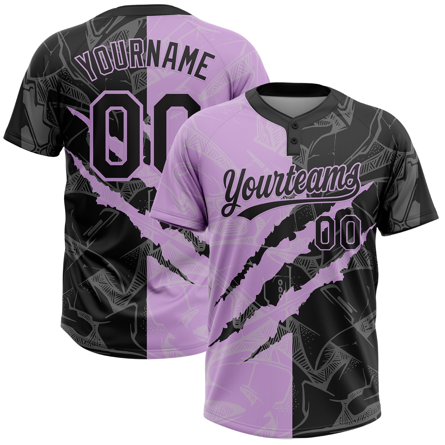 Custom Graffiti Pattern Black-Light Purple 3D Scratch Two-Button Unisex Softball Jersey