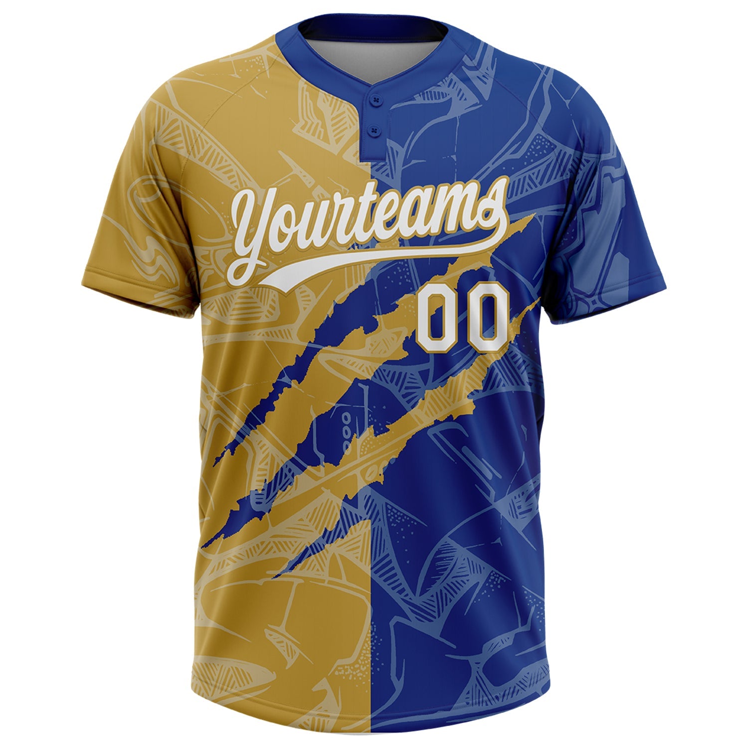 Custom Graffiti Pattern White Royal-Old Gold 3D Scratch Two-Button Unisex Softball Jersey